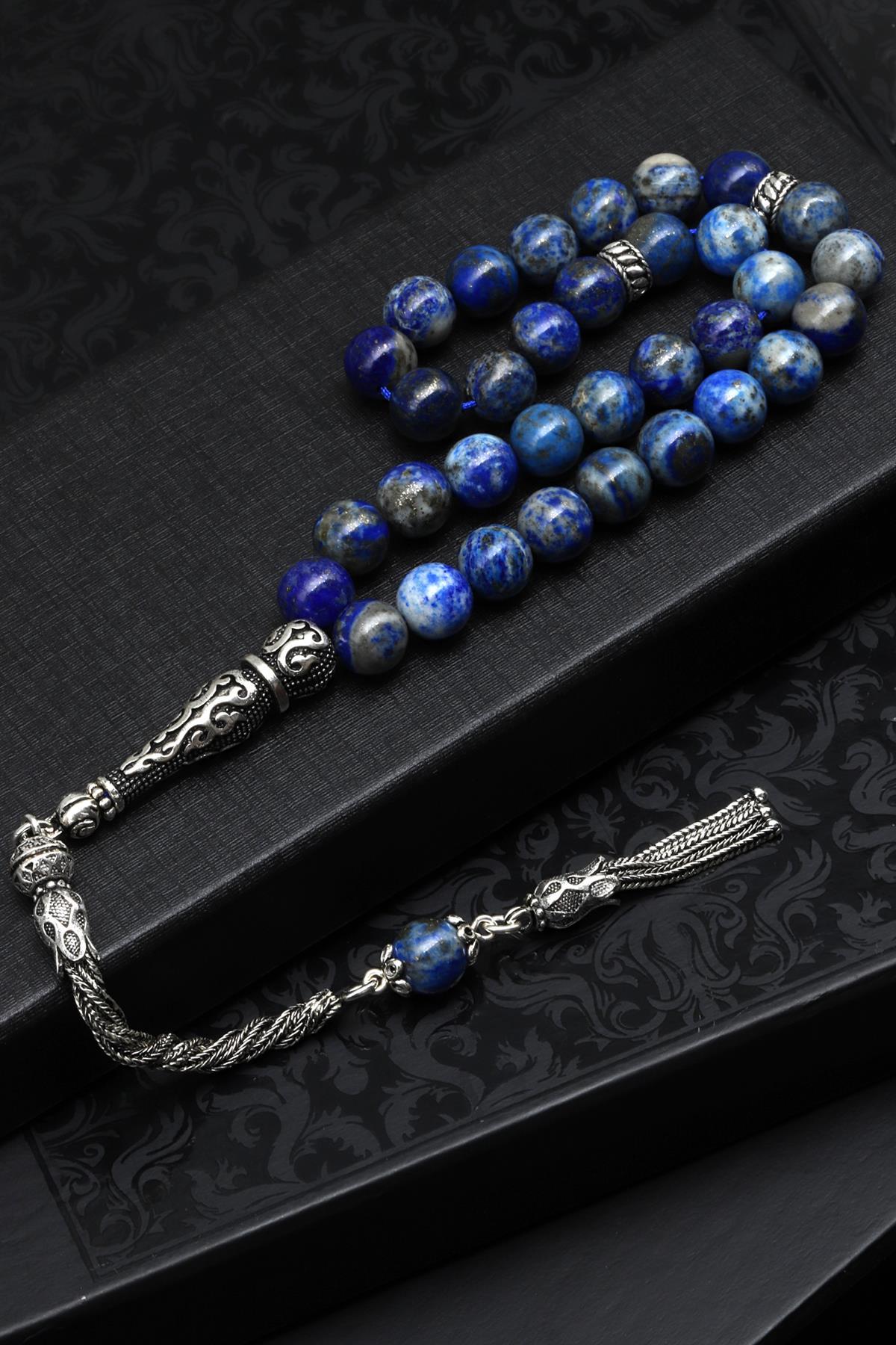 Lapis Lazuli Doğal Taş Tesbih 925 Ayar Gümüş 8 mm Küre Kesim