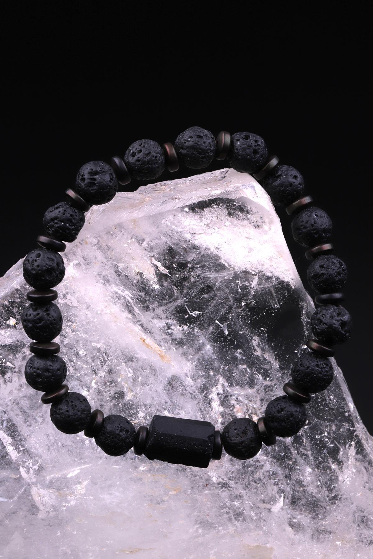 Lav - Turmalin - Hematit Doğal Taş Tasarım Bileklik 