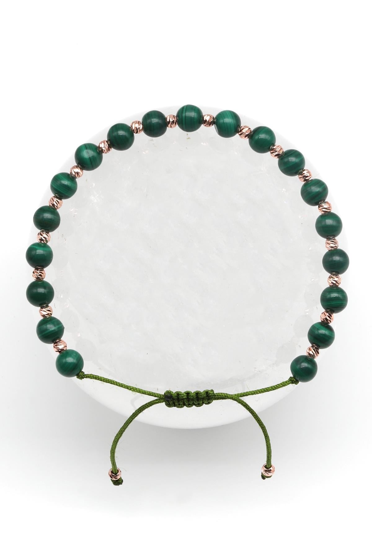 Malakit Doğal Taş Makrome Örme Bileklik Küre Kesim