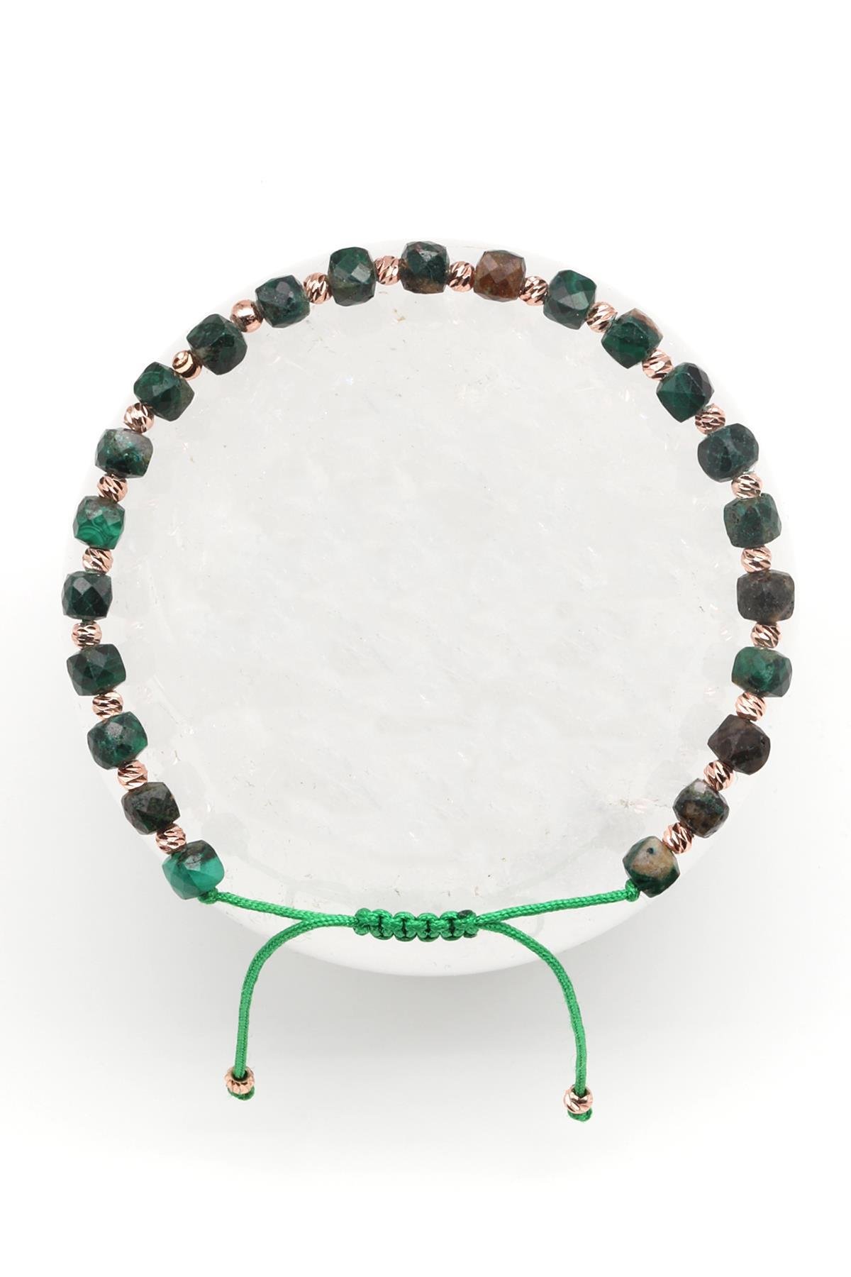 Malakit Doğal Taş Makrome Örme Bileklik Küp Kesim