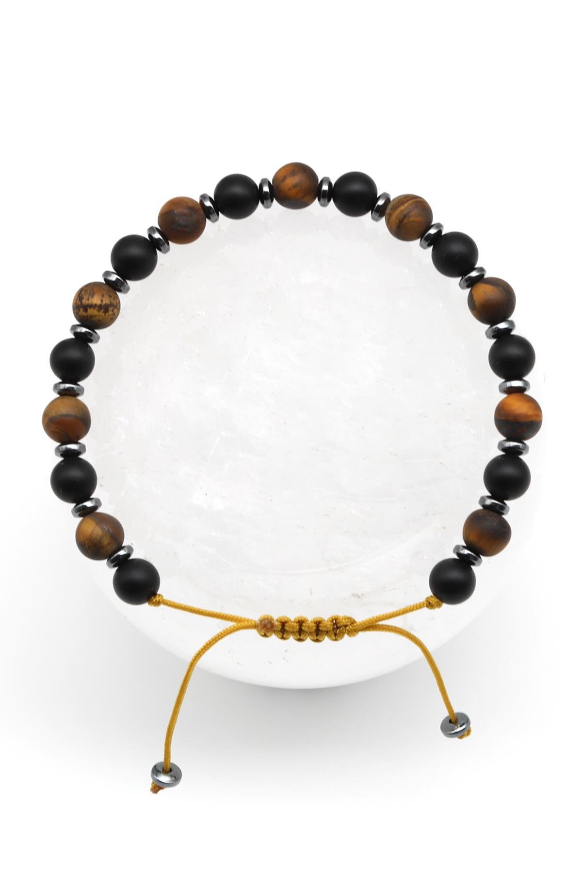 Mat Kaplan Gözü - Mat Oniks Doğal Taş Makrome Örme Bileklik Küre Kesim