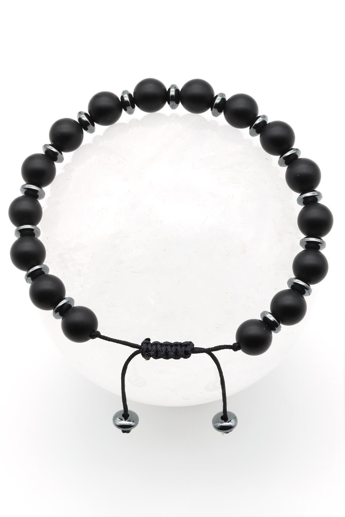 Mat Oniks - Hematit Doğal Taş Makrome Örme Bileklik