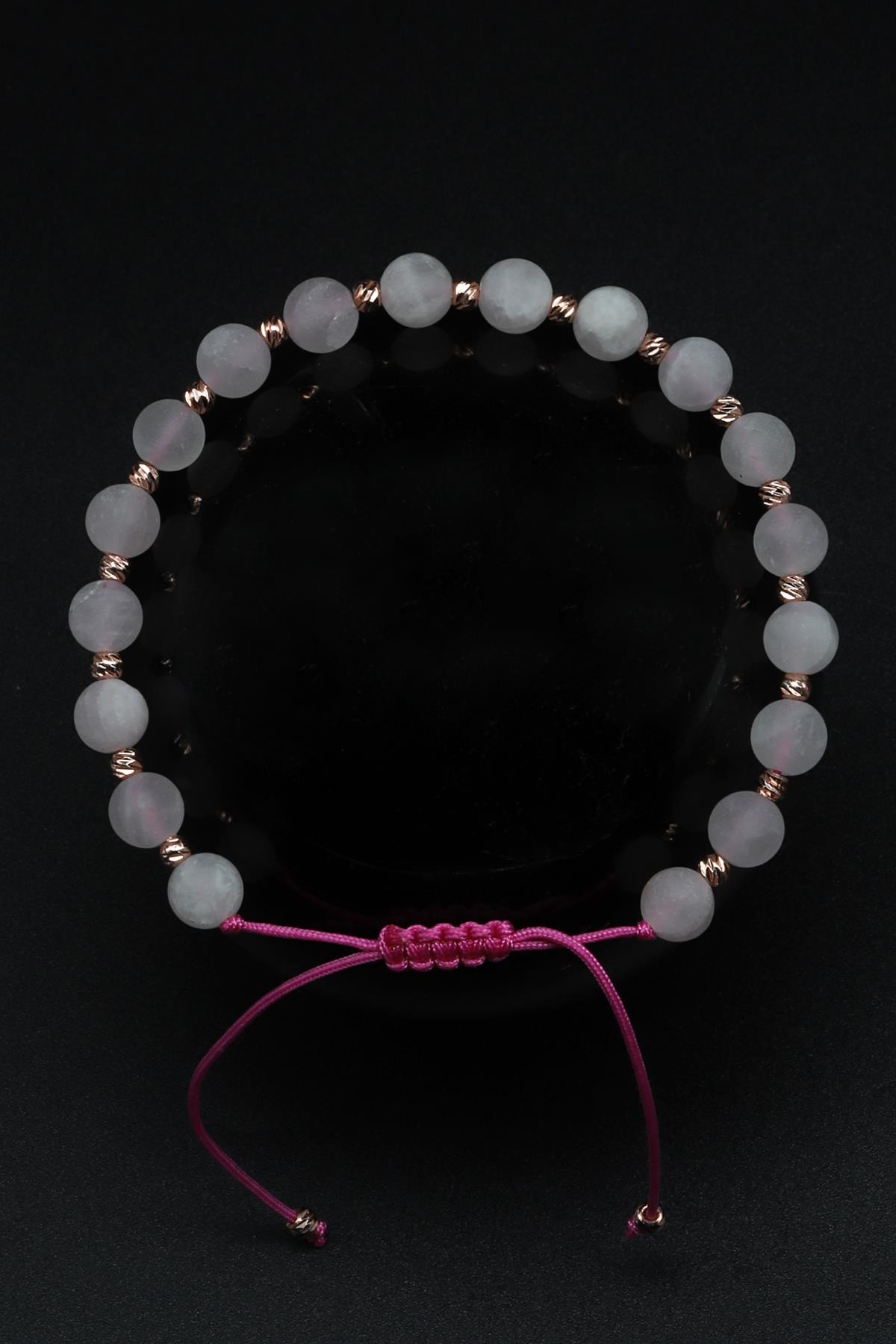 Mat Pembe Kuvars Doğal Taş Makrome Örme Bileklik Küre Kesim