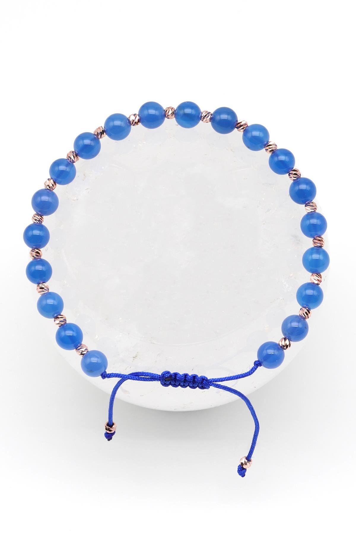 Mavi Akik Doğal Taş Makrome Örme Bileklik Küre Kesim