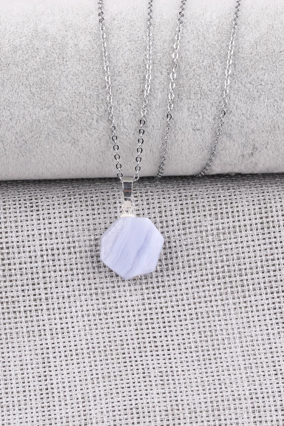 Mavi Dantelli Akik Doğal Taş Kolye