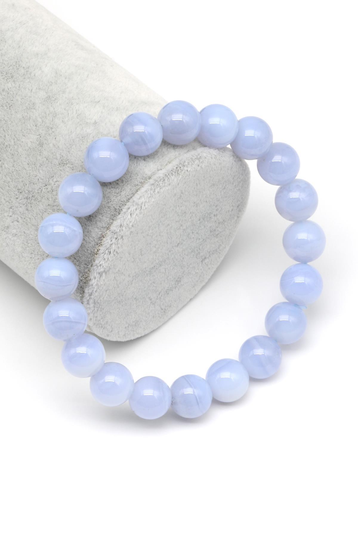 Mavi Kalsedon Doğal Taş Bileklik 10 mm Küre Kesim