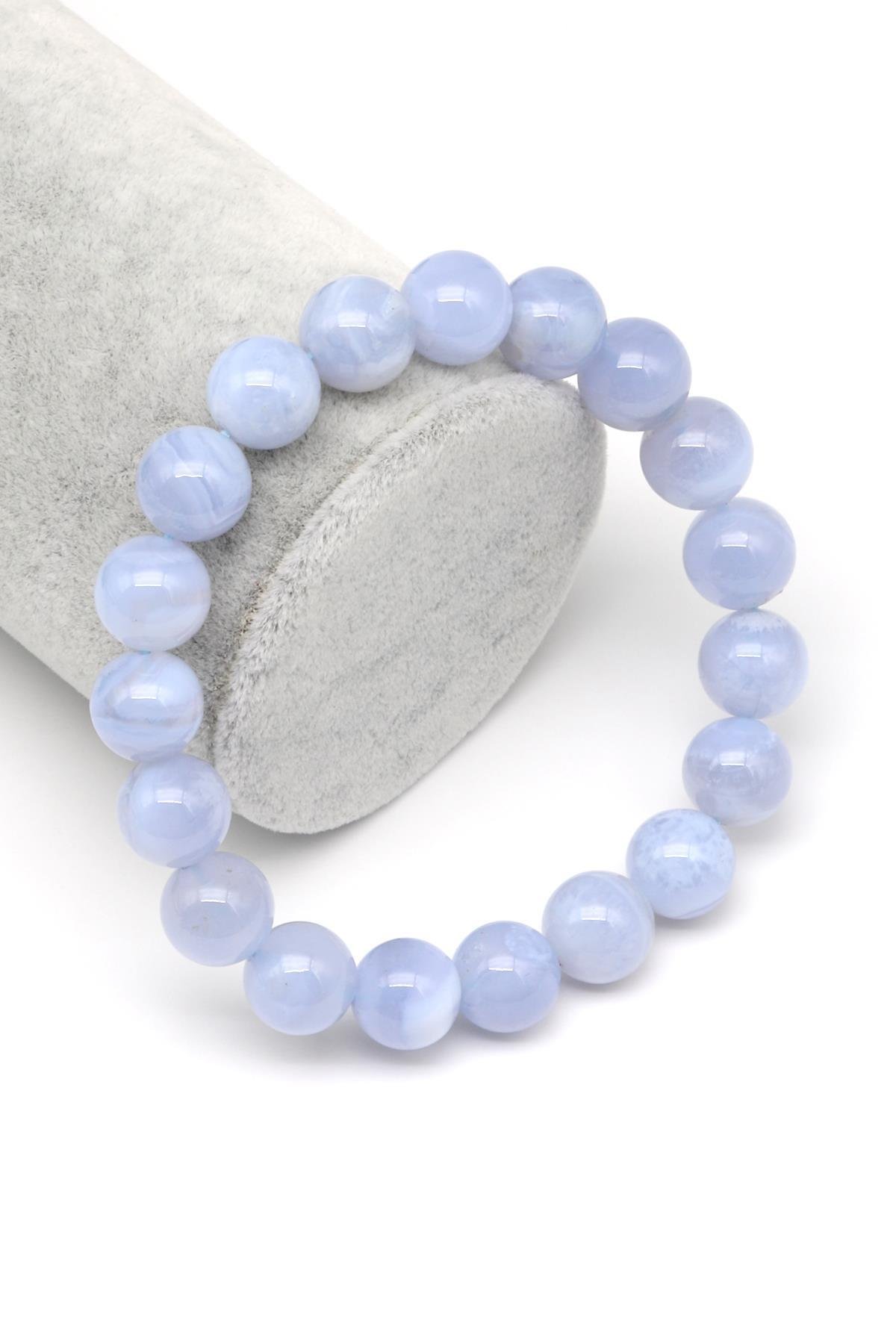 Mavi Kalsedon Doğal Taş Bileklik 11 mm Küre Kesim