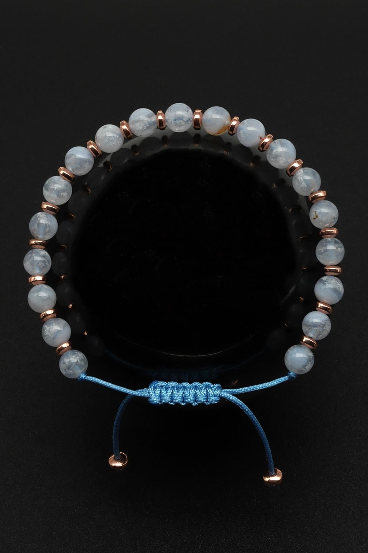 Mavi Kalsedon Doğal Taş Makrome Örme Bileklik Küre Kesim