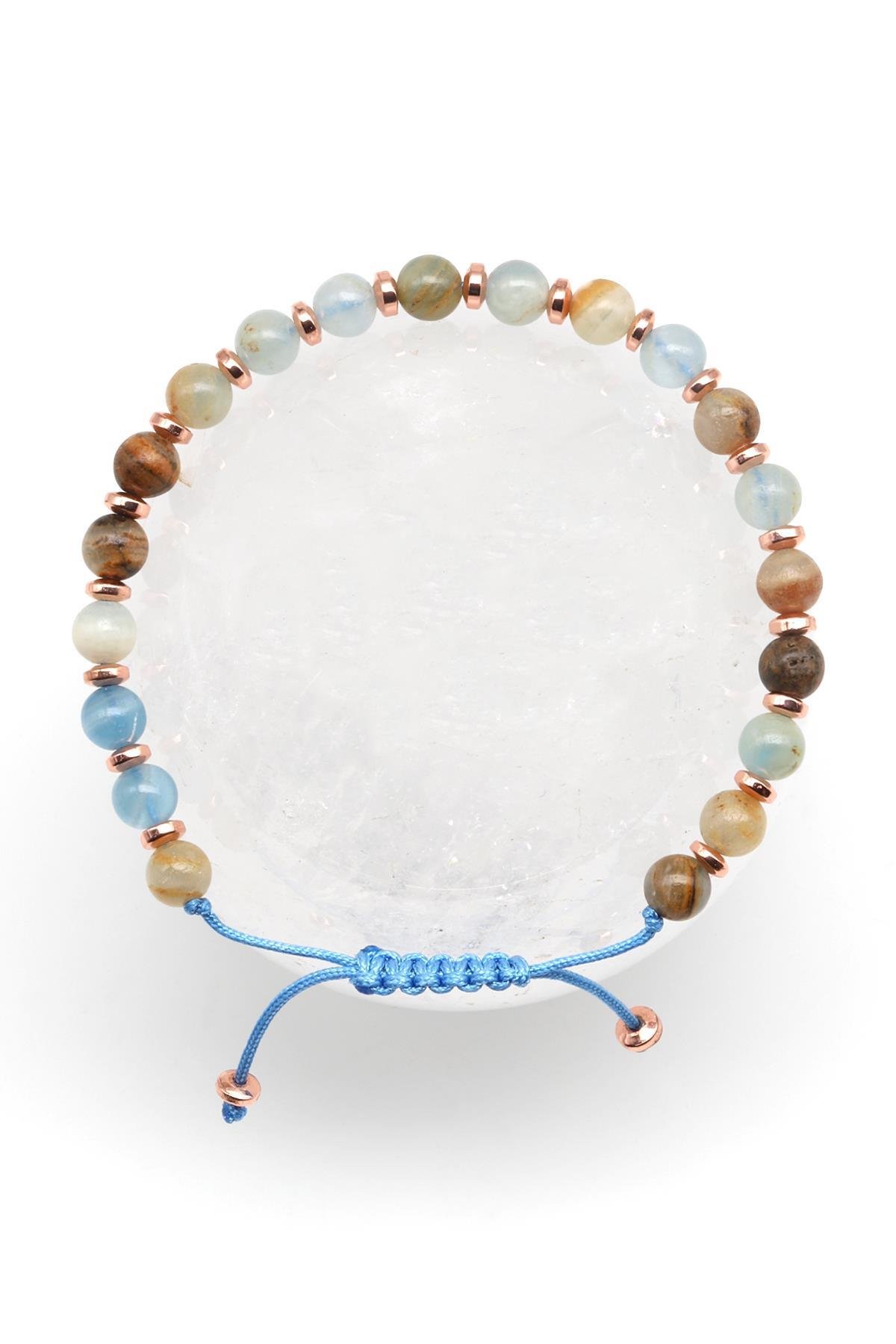 Mavi Kalsit Doğal Taş Makrome Örme Bileklik Küre Kesim