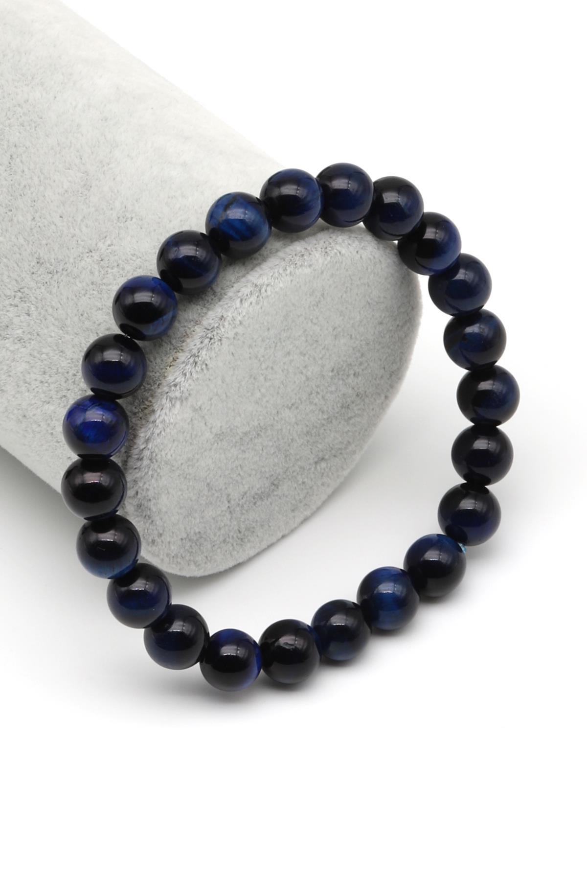 Mavi Kaplan Gözü Doğal Taş Bileklik 8 mm Küre Kesim