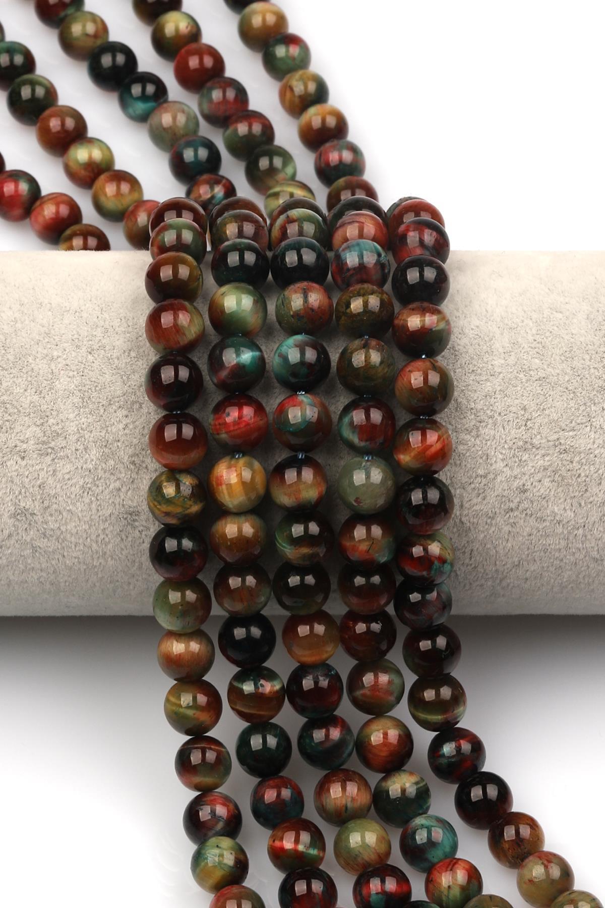 Mavi-Kırmızı Kaplan Gözü Doğaltaş Dizi 8 mm Küre Kesim