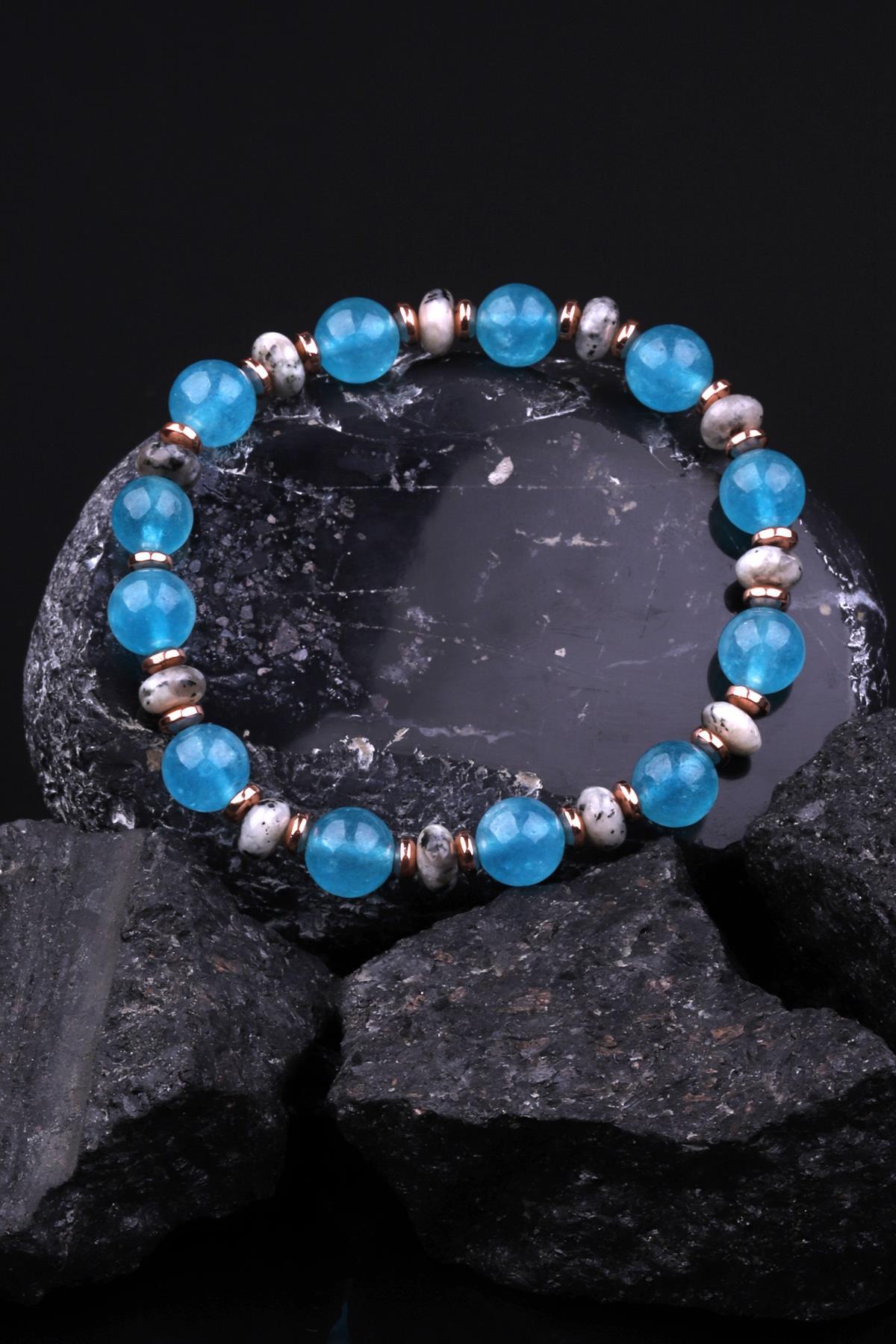 Mavi Kuvars - Jasper - Hematit Doğal Taş Tasarım Bileklik 