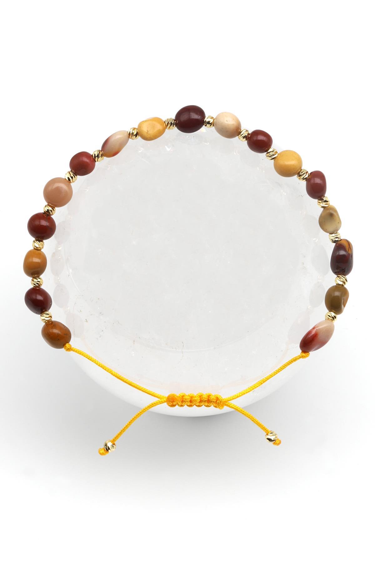 Mookaite Jasper Doğal Taş Makrome Örme Bileklik Mercimek Kesim