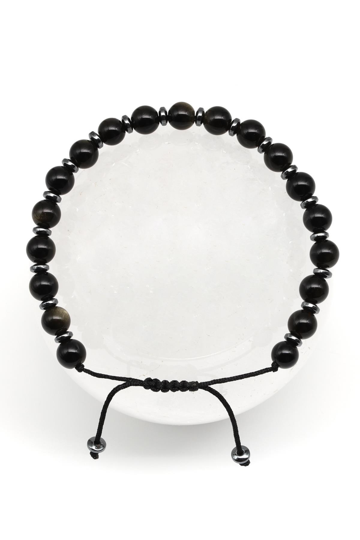 Obsidyen Doğal Taş Makrome Örme Bileklik Küre Kesim