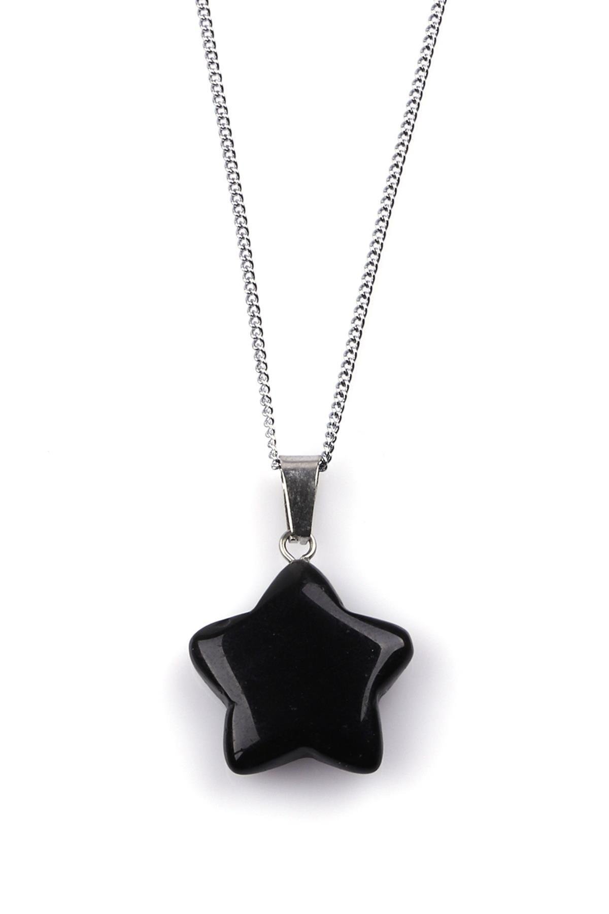 Obsidyen Doğal Taş Yıldız Model Kolye
