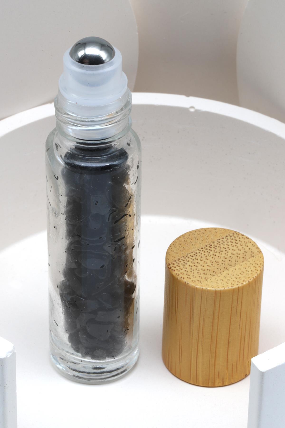 Obsidyen Doğal Taşlı Bambu Kapaklı Doldurulabilir Esans ve Yağ Şişesi - Hematit Uçlu