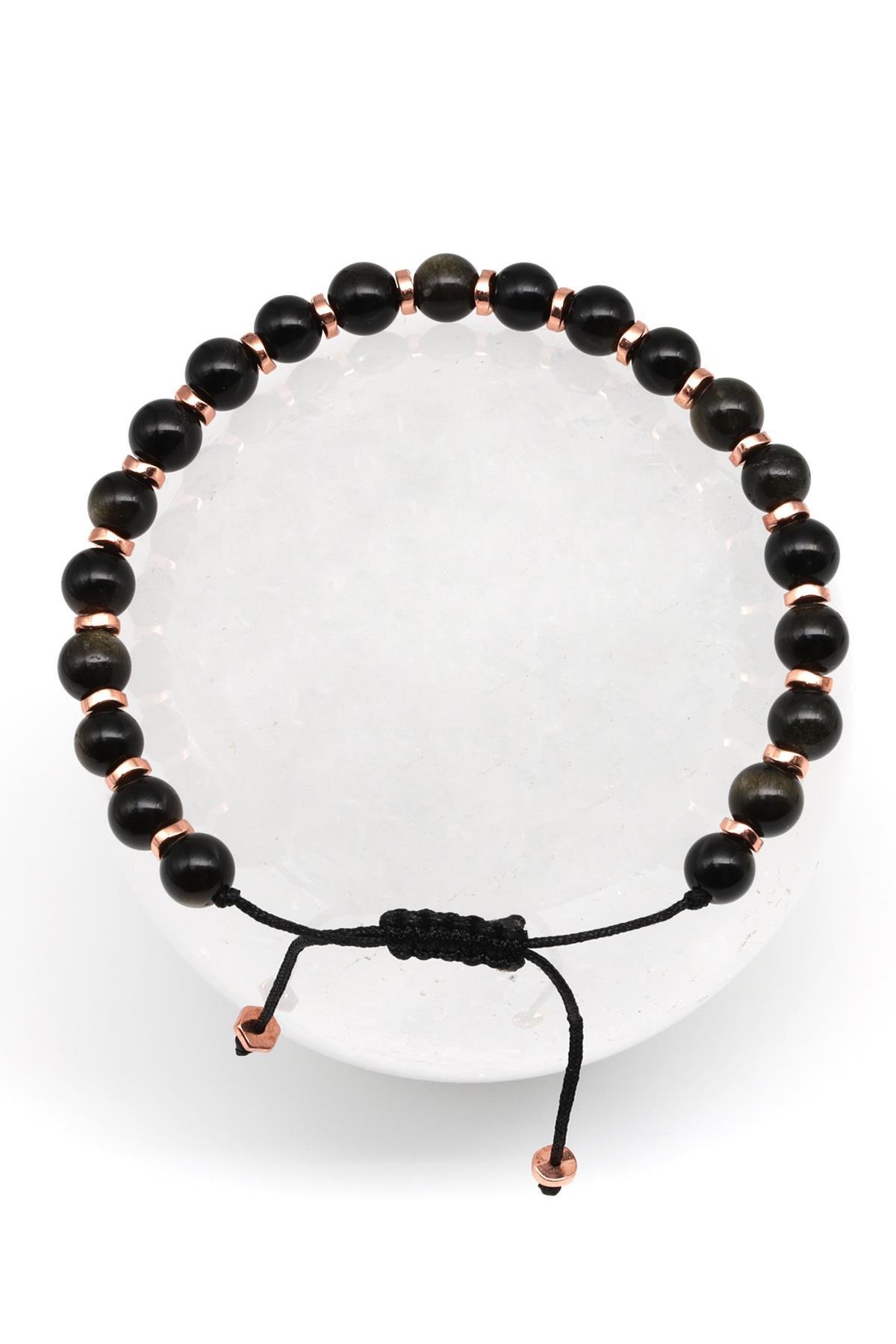 Obsidyen - Hematit Doğal Taş Makrome Örme Bileklik Küre Kesim