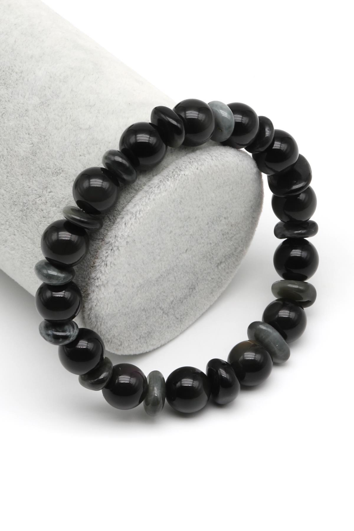 Obsidyen-Kedi Gözü Doğal Taş Tasarım Bileklik 10 mm Küre Kesim