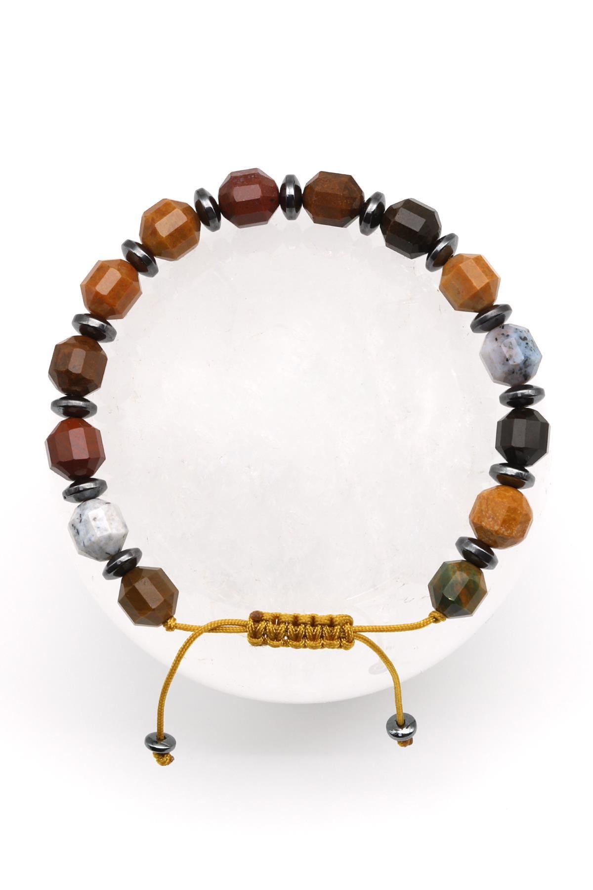 Ocean Jasper Doğal Taş Makrome Örme Bileklik Hexagonal Kesim