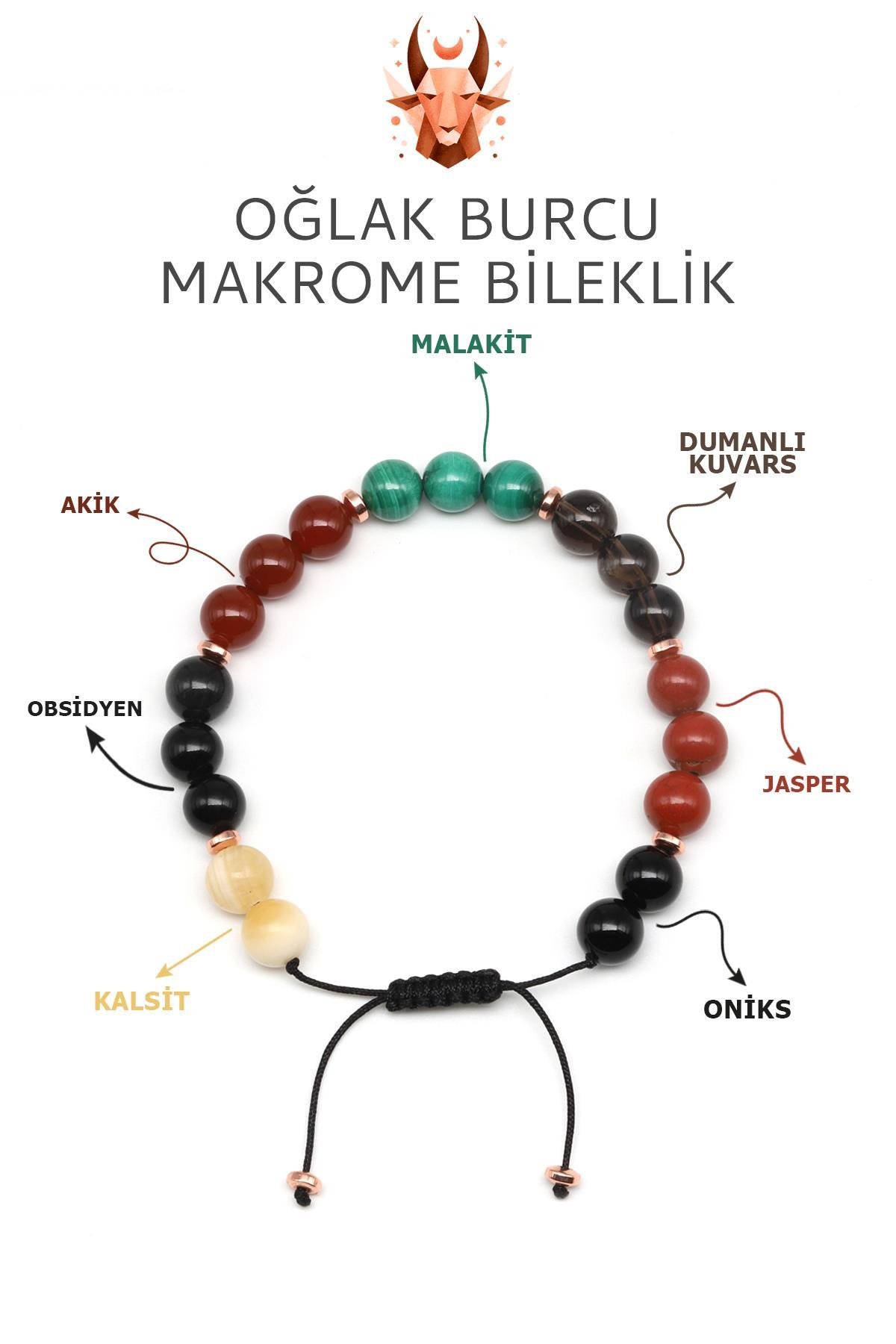 Oğlak Burcu Taşlarından Oluşan Doğal Taş Makrome Bileklik 8 mm Küre Kesim - Burç Bilekliği