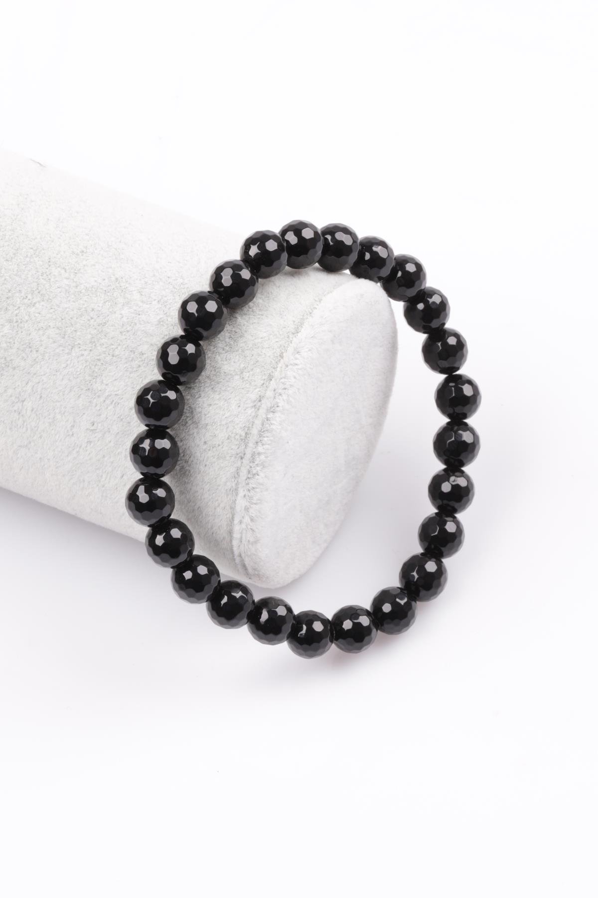 Oniks Doğal Taş Bileklik 8 mm Fasetli Küre Kesim