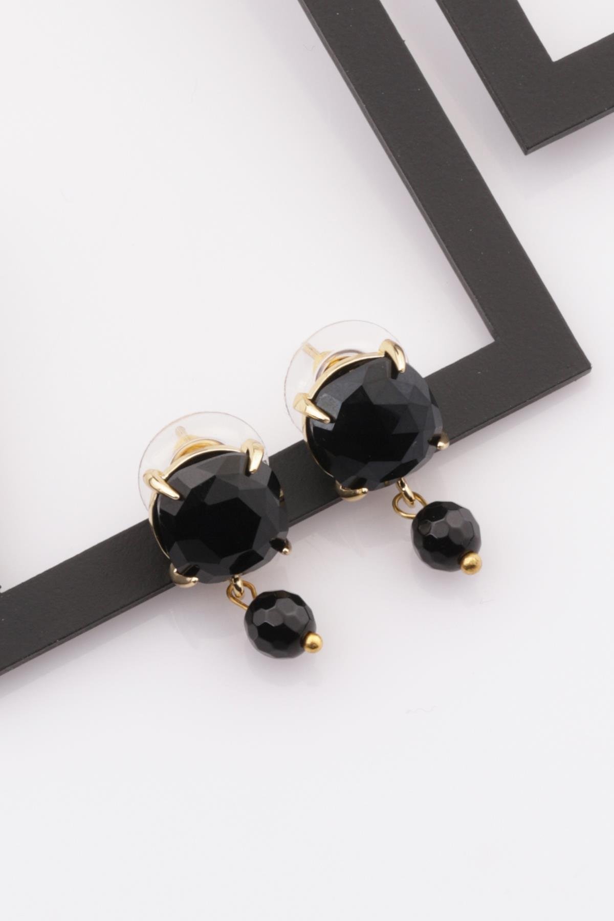 Oniks Doğal Taş Gold Renkli Küpe