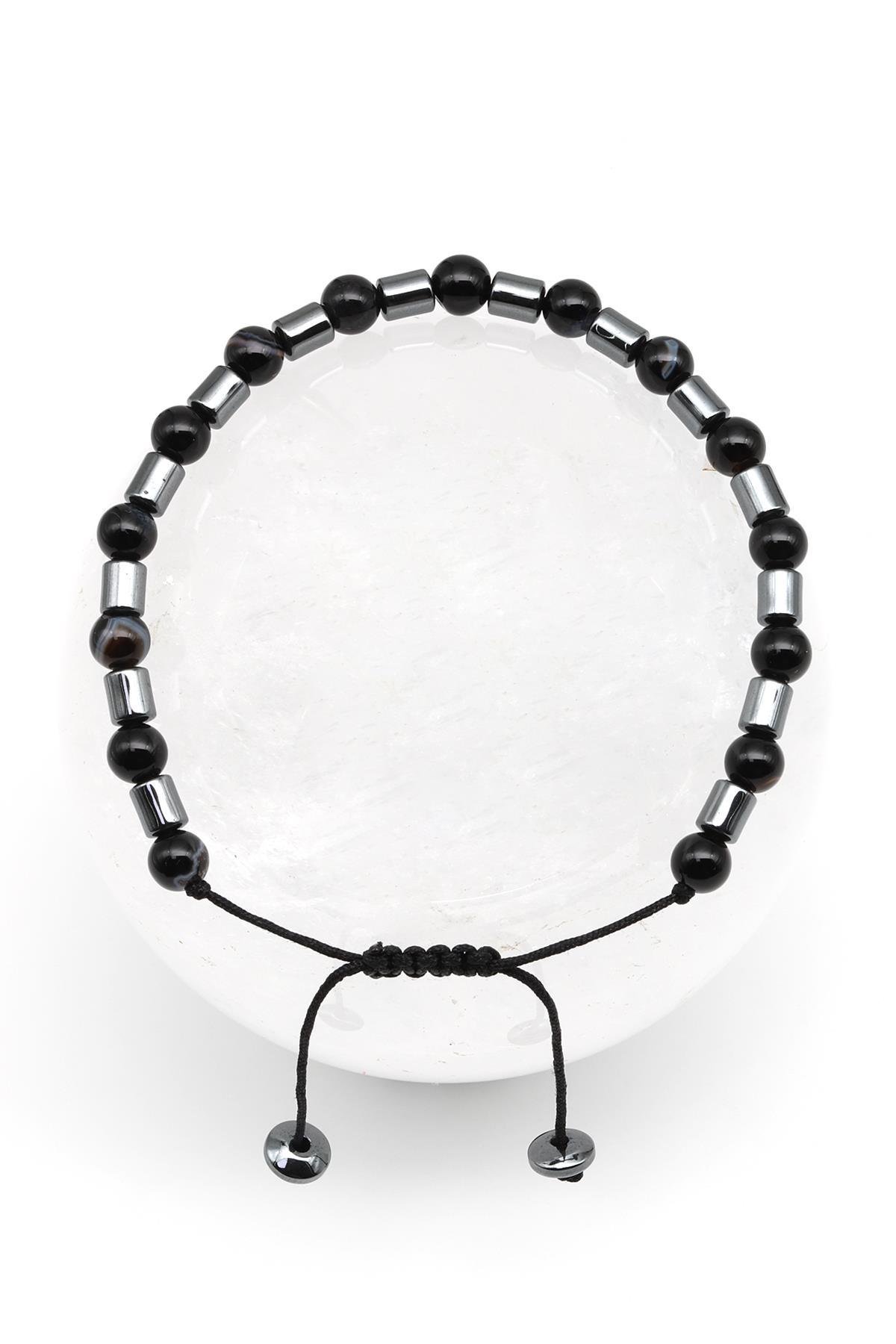 Oniks - Hematit Doğal Taş Makrome Örme Bileklik Küre Kesim