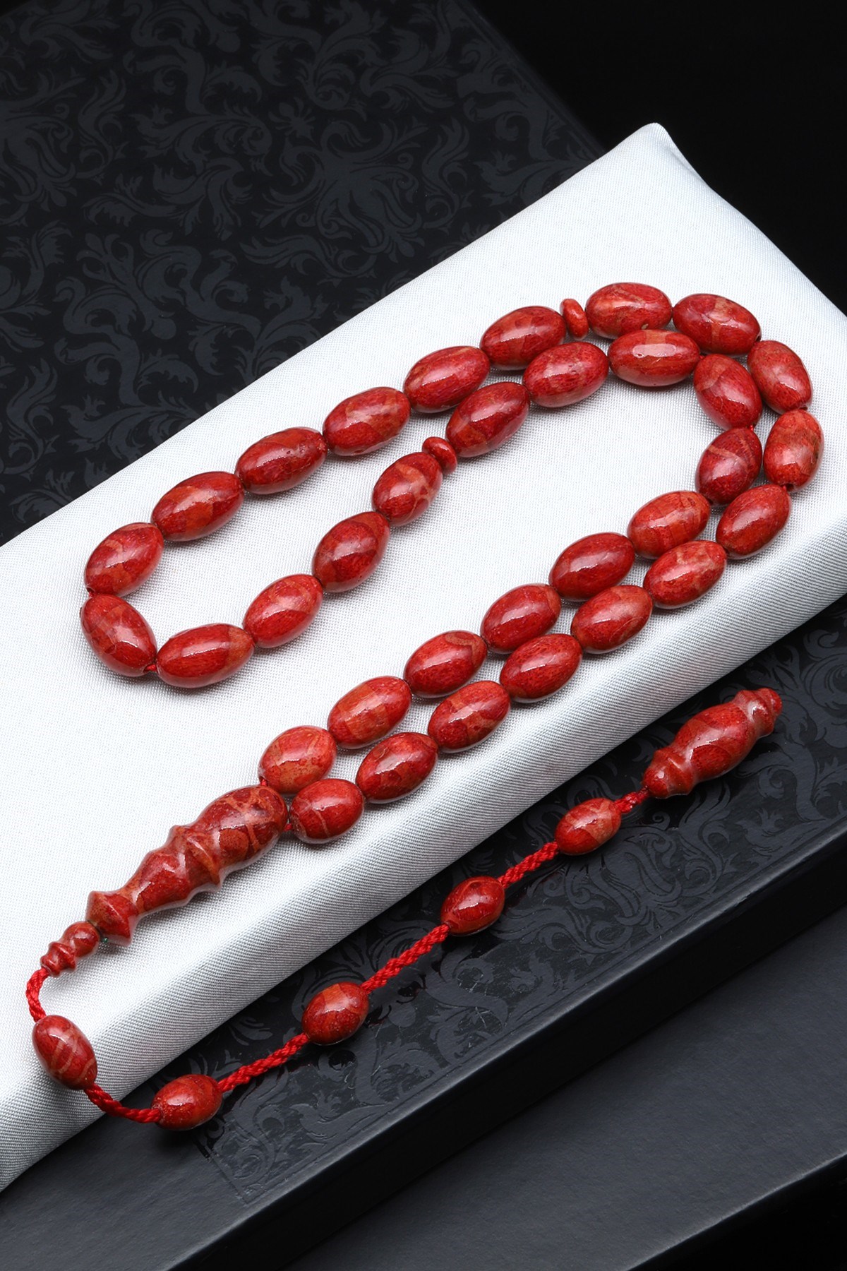 Orijinal Mercan Doğal Taş Tesbih 8 x 13 mm Beyzi Kesim - T-1903