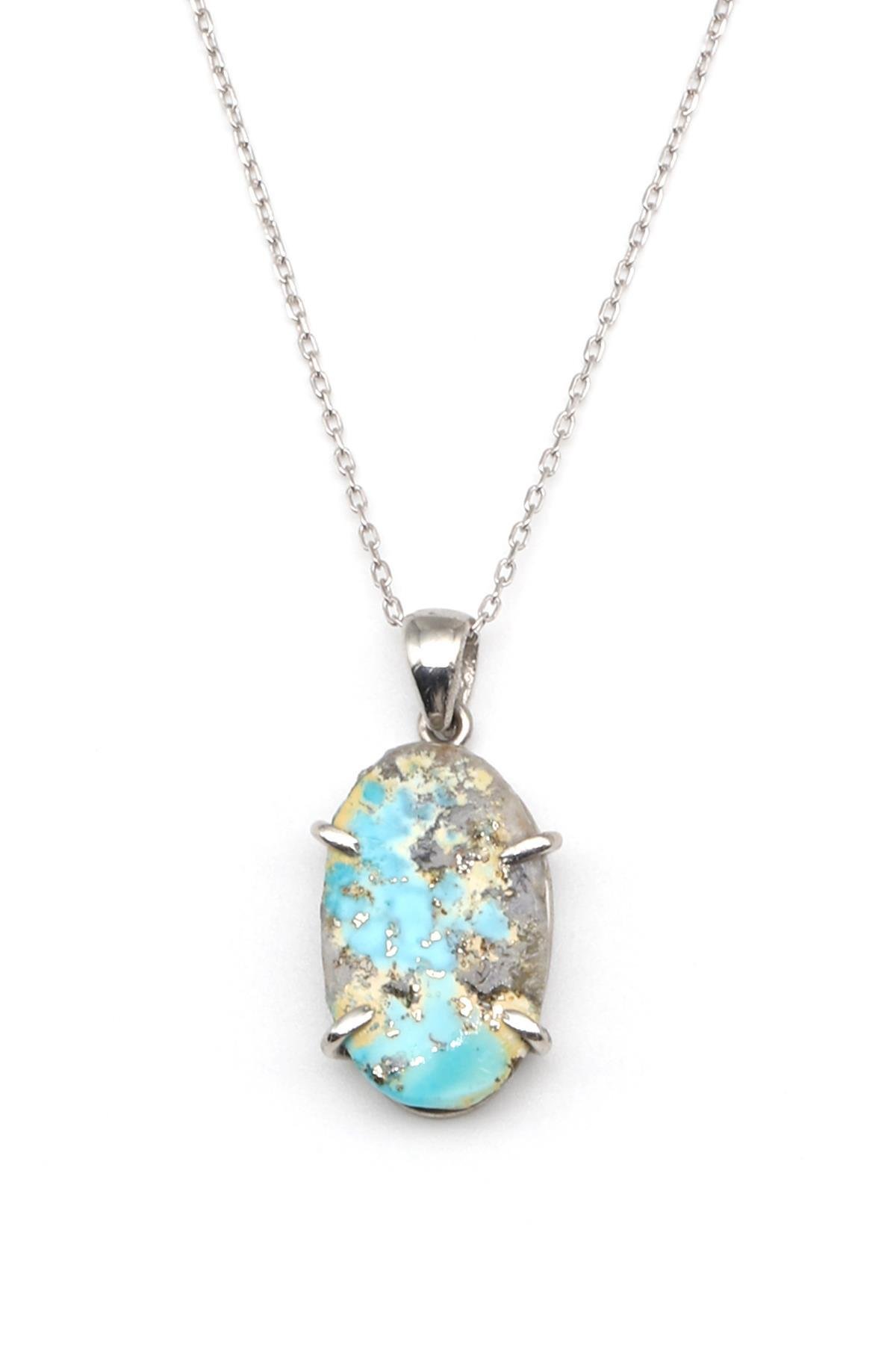 Orjinal Turkuaz Doğal Taş 925 Ayar Gümüş Kolye