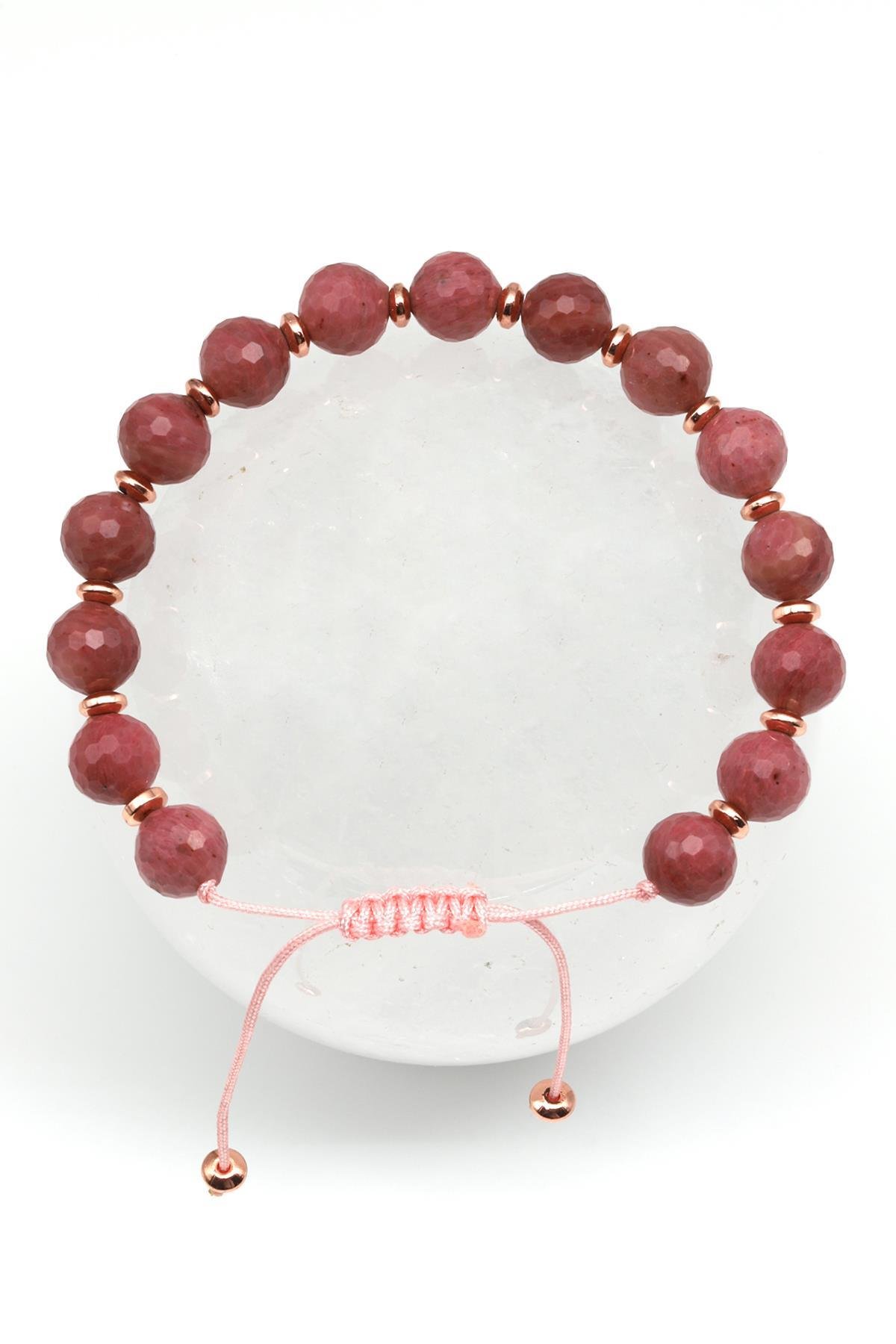 Pembe Jasper - Hematit Doğal Taş Makrome Örme Bileklik Fasetli Küre Kesim