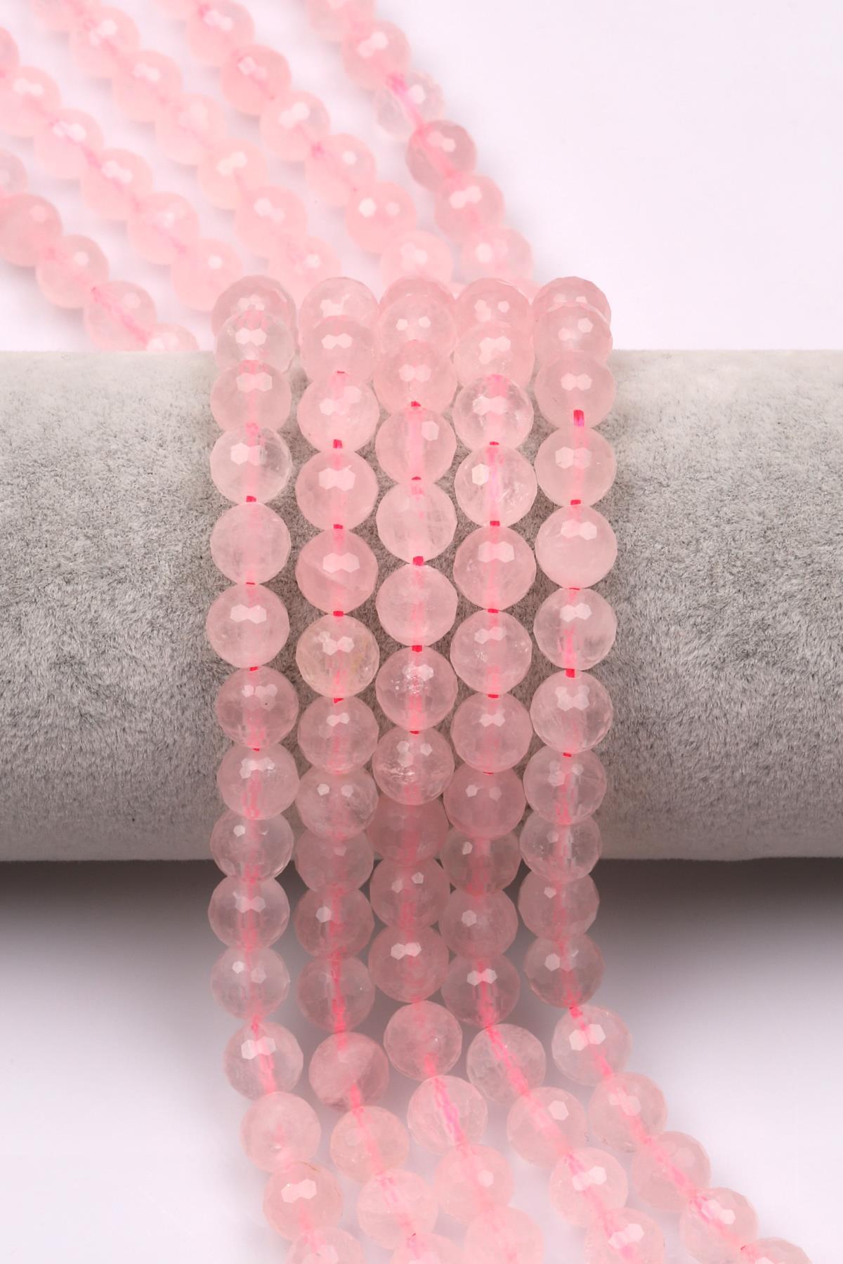 Pembe Kuvars (A Kalite) Doğal Taş Dizi 8 mm Fasetli Küre Kesim