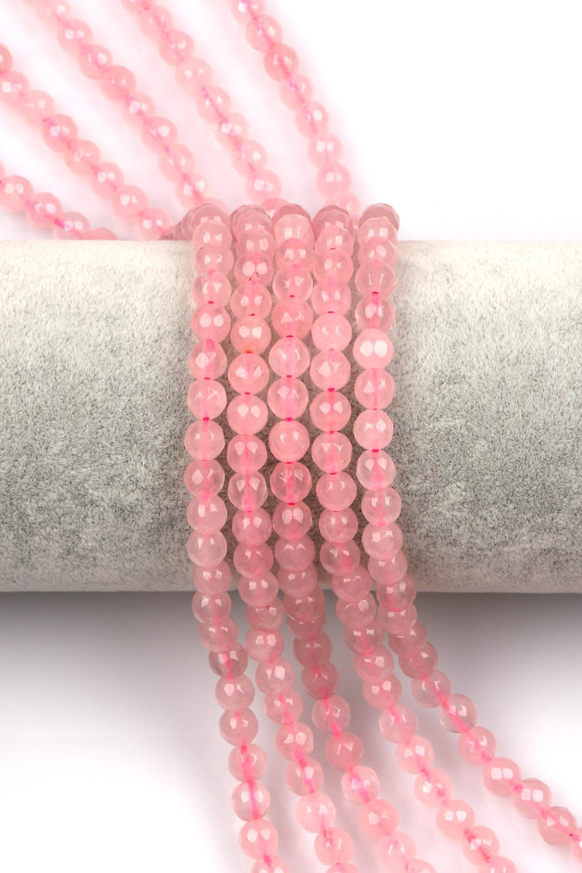Pembe Kuvars ( AB Kalite ) Doğal Taş Dizi 6 mm Fasetli Küre Kesim