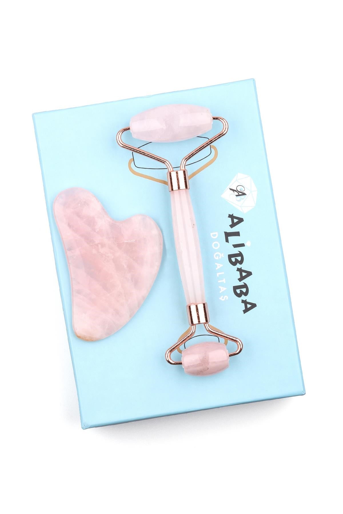 Pembe Kuvars Doğal Taş 2’li Özel Kutulu Set Face Roller + Gua Sha Masaj Taşı