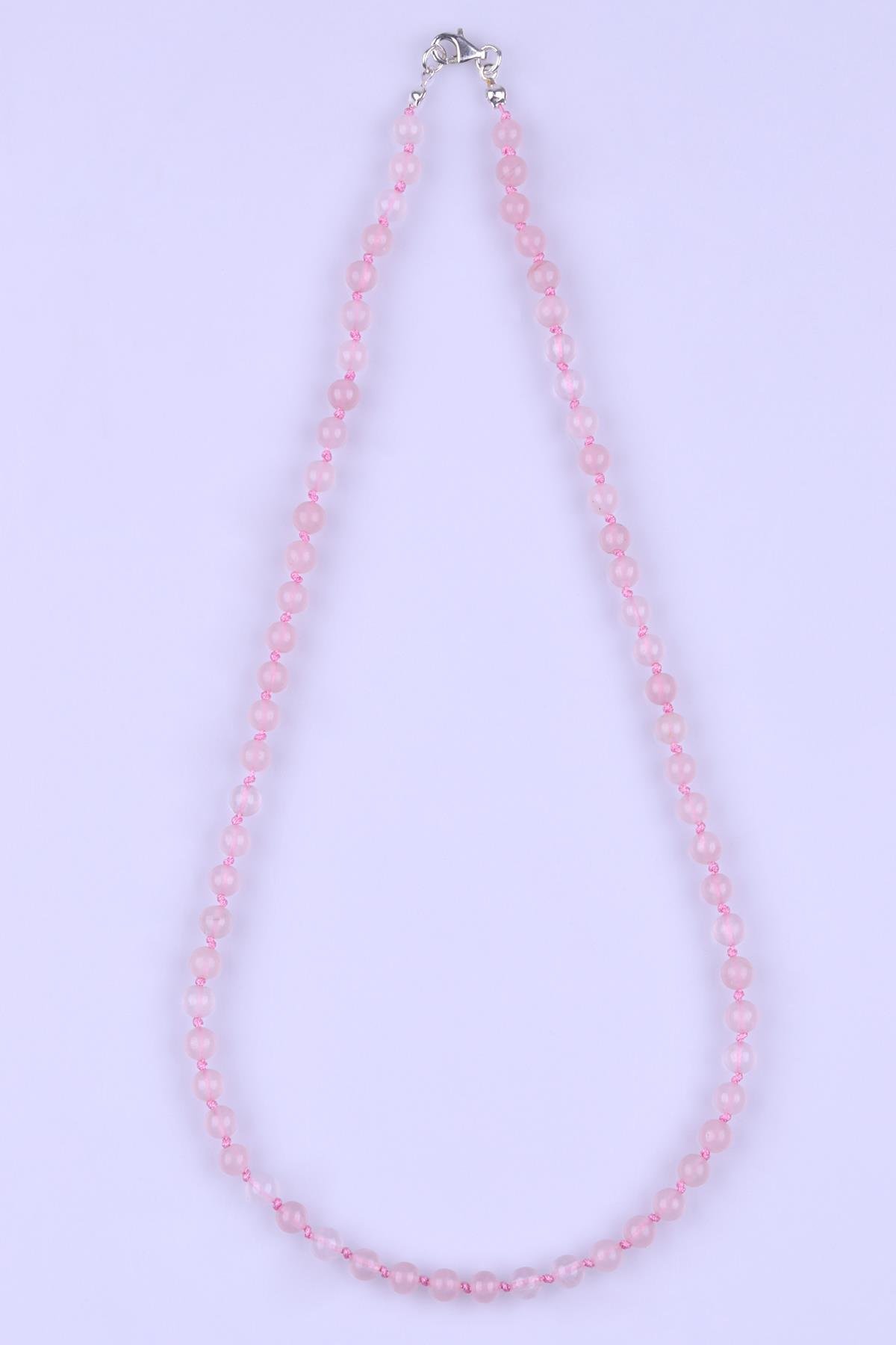 Pembe Kuvars Doğal Taş 6 mm Düğümlü Kolye