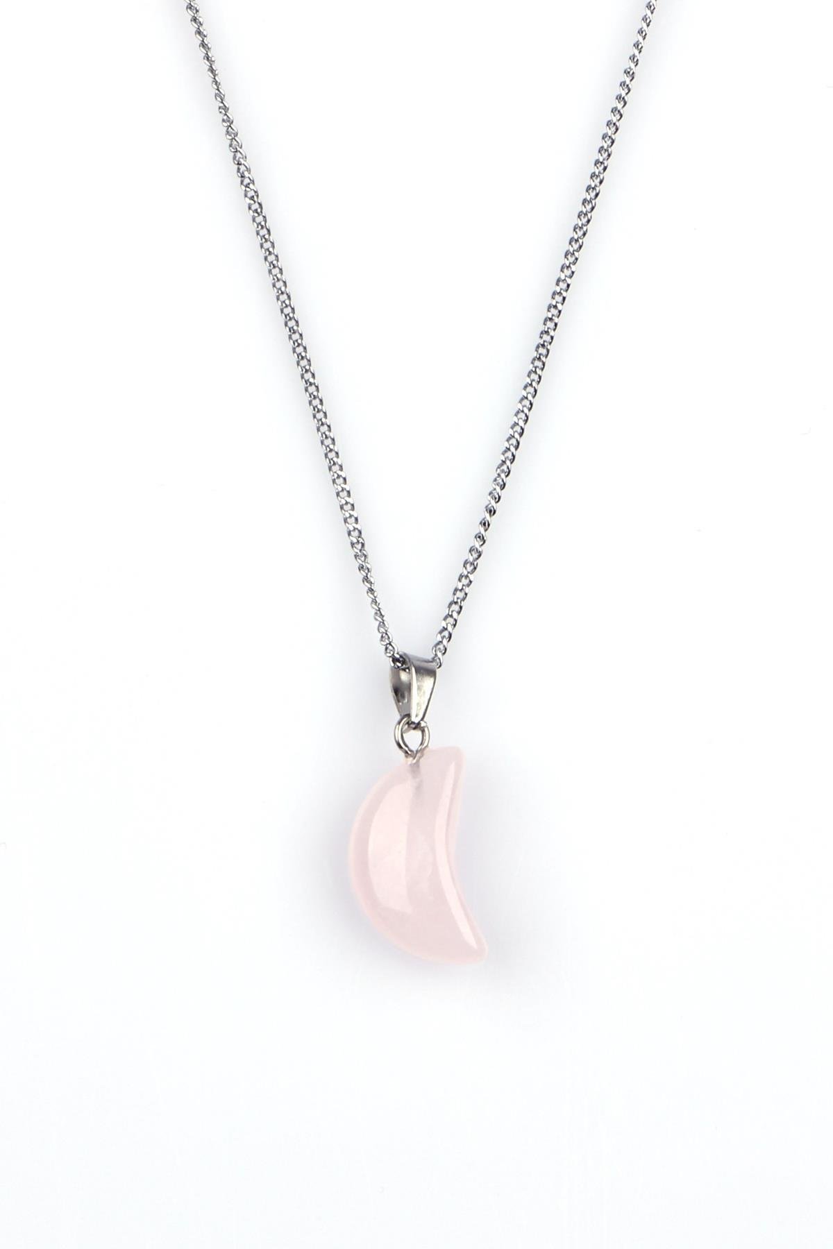 Pembe Kuvars Doğal Taş Ay Model Kolye