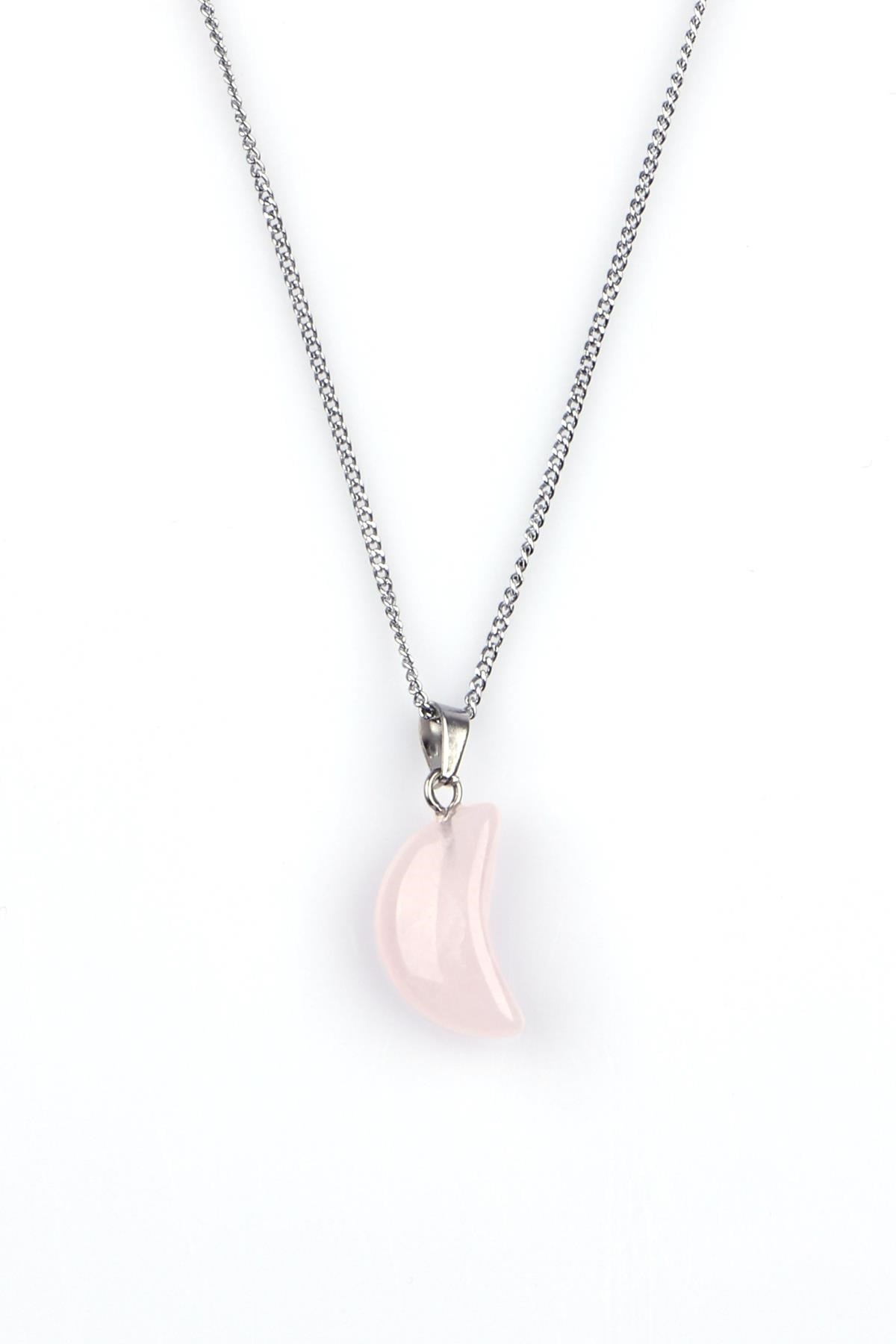 Pembe Kuvars Doğal Taş Ay Model Kolye