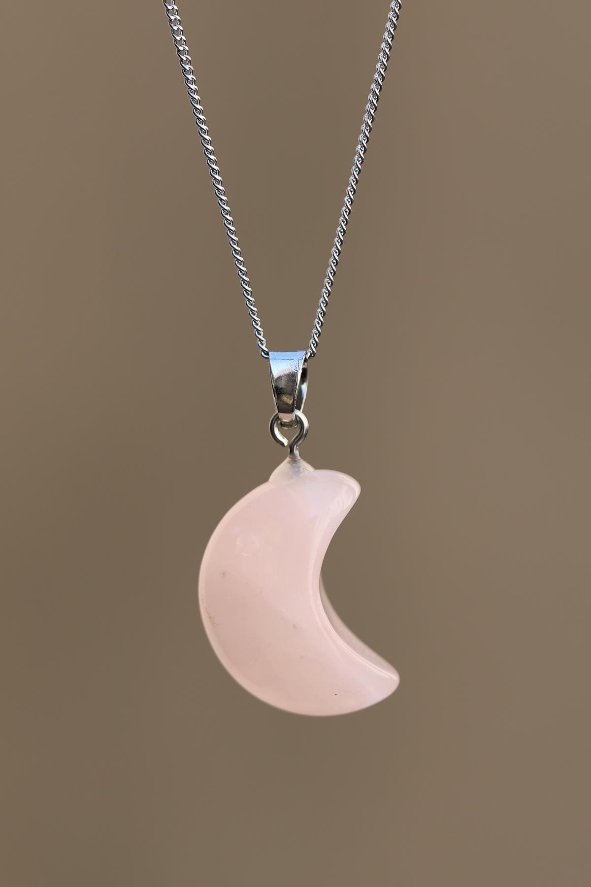 Pembe Kuvars Doğal Taş Ay Model Kolye