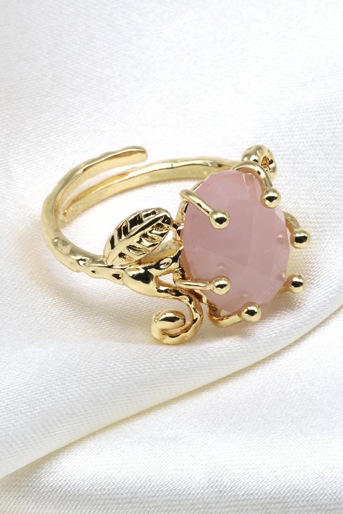 Pembe Kuvars Doğal Taş Ayarlanabilir Gold Renk Yüzük