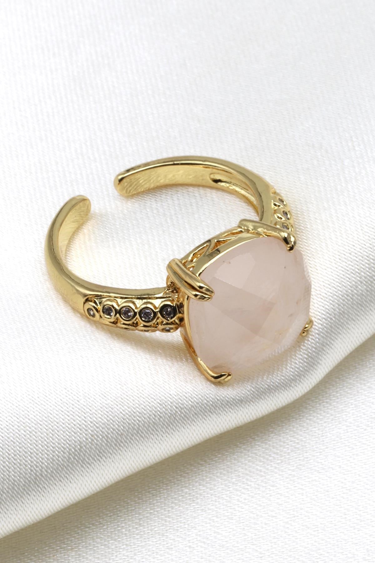 Pembe Kuvars Doğal Taş Ayarlanabilir Gold Renk Yüzük