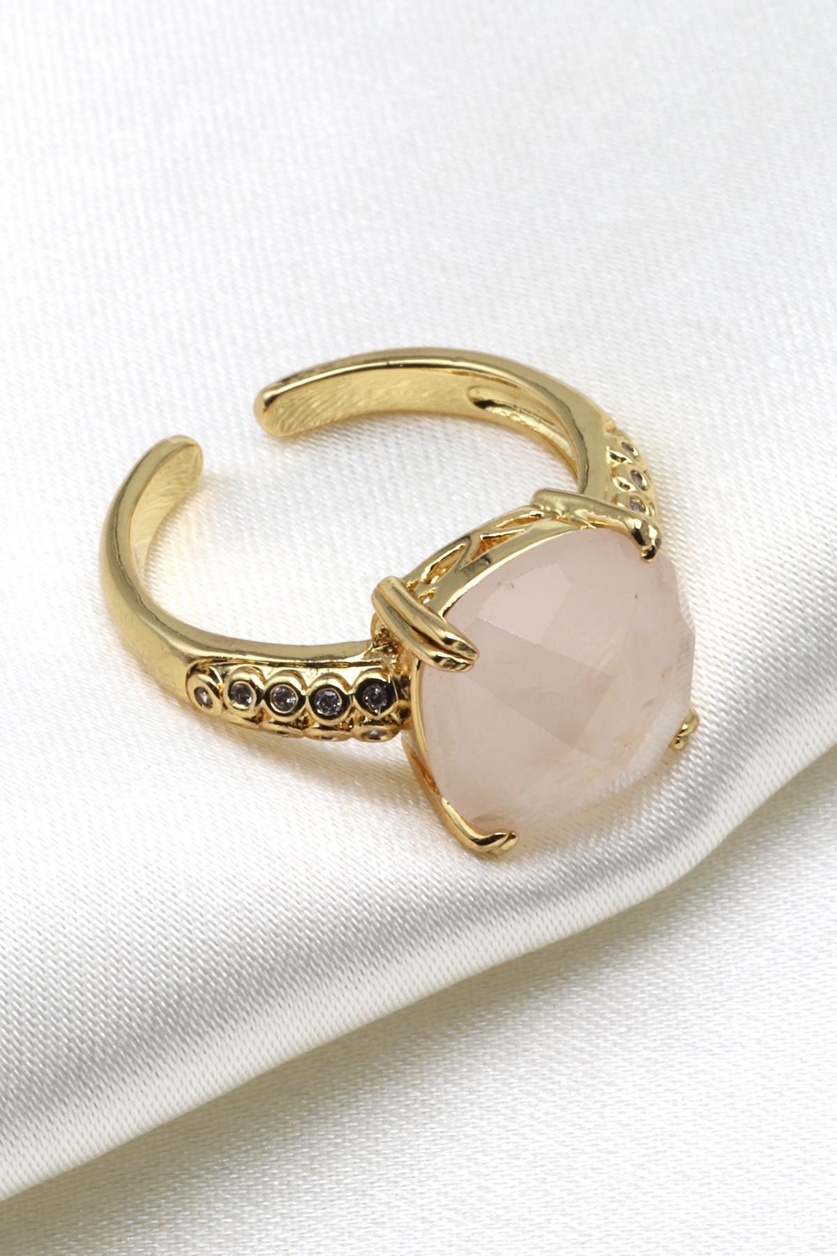 Pembe Kuvars Doğal Taş Ayarlanabilir Gold Renk Yüzük