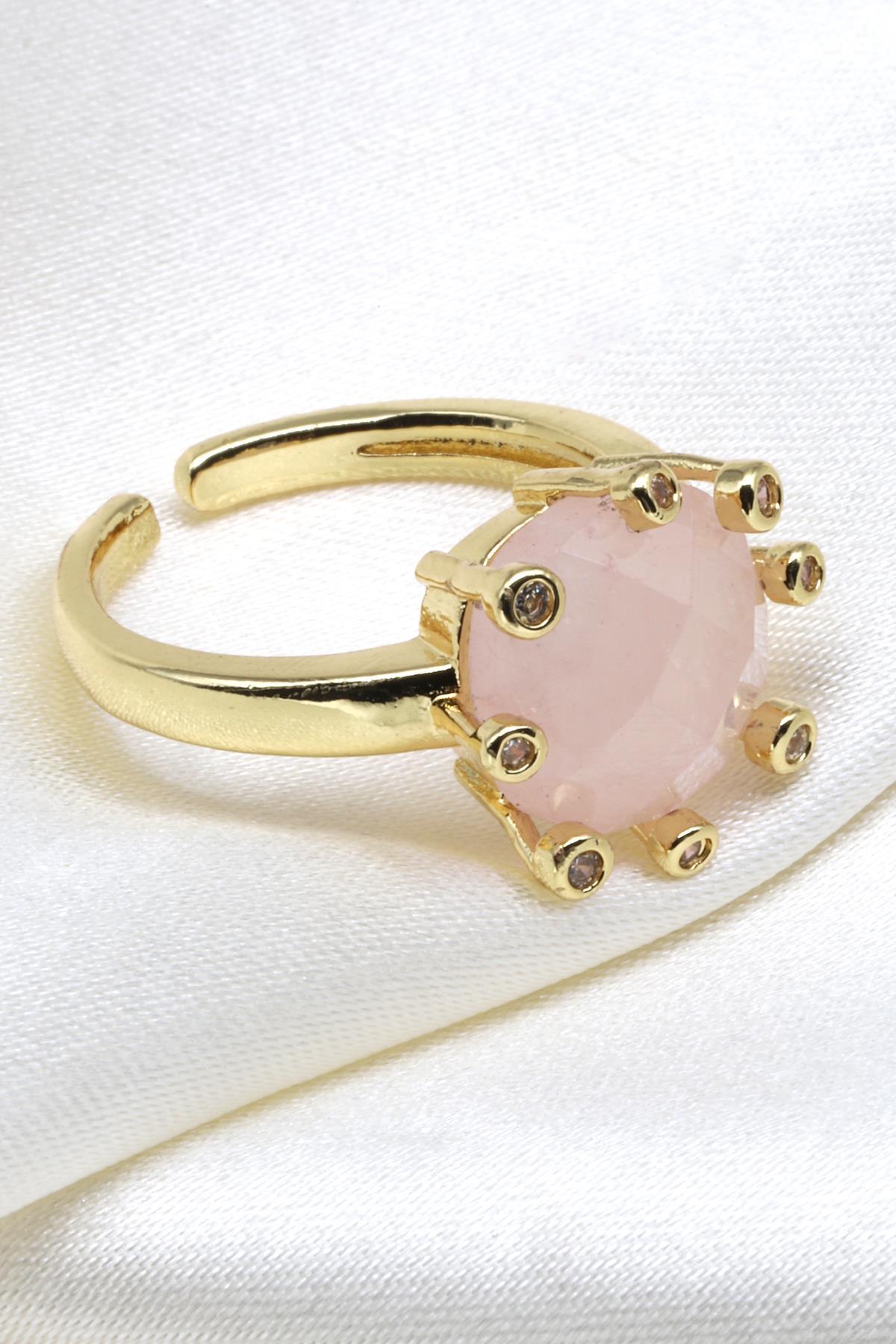 Pembe Kuvars Doğal Taş Ayarlanabilir Yüzük
