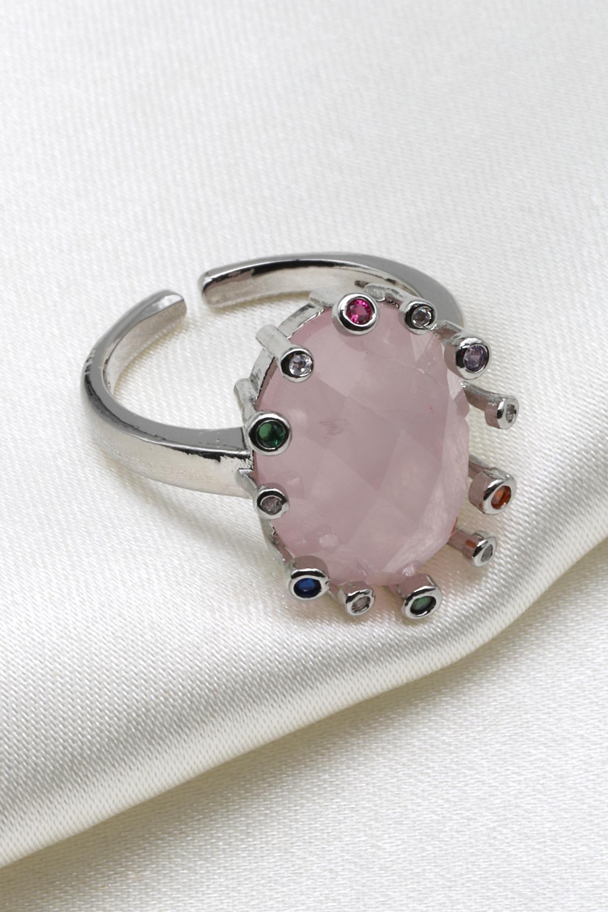 Pembe Kuvars Doğal Taş Ayarlanabilir Yüzük