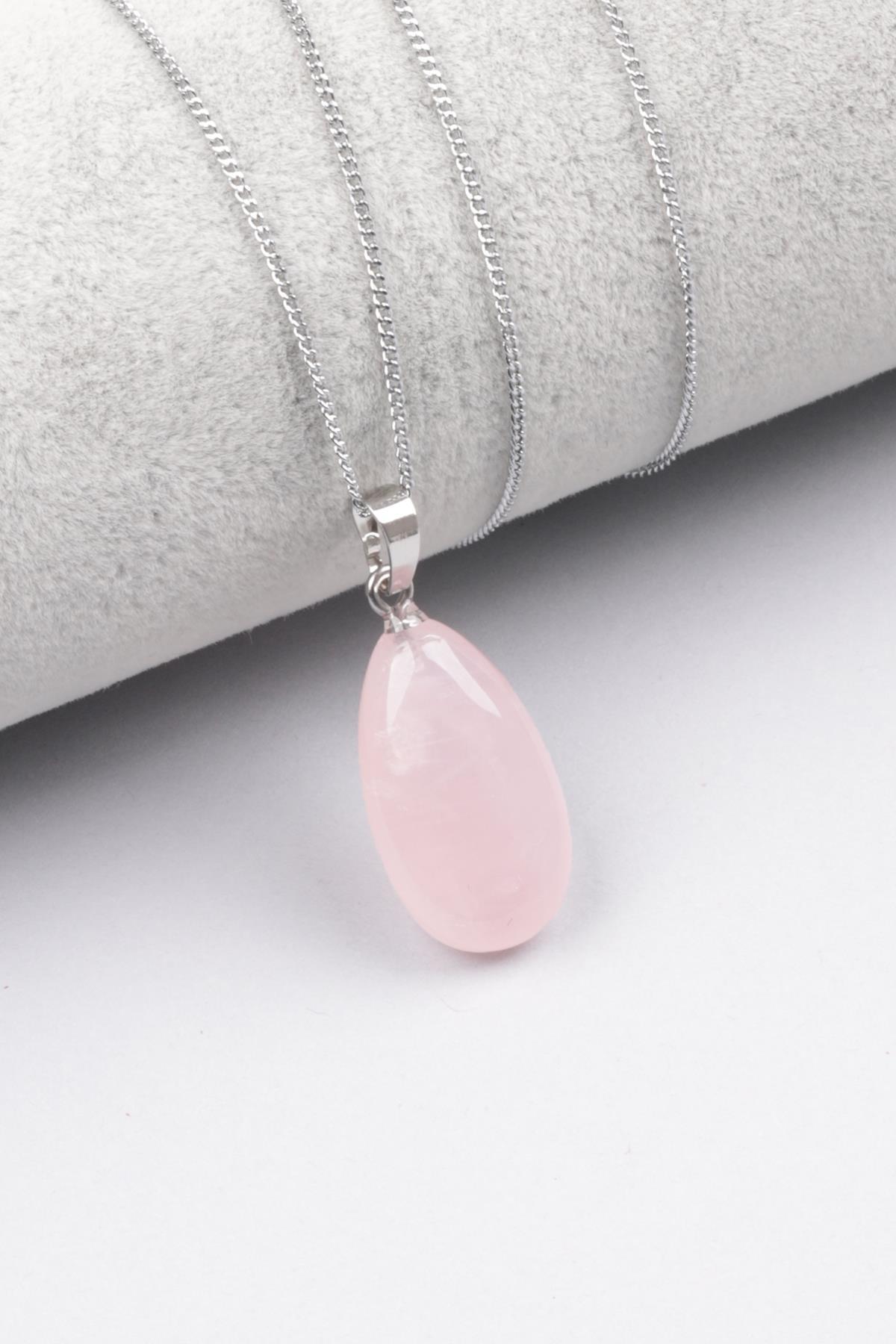 Pembe Kuvars Doğal Taş Damla Kesim Kolye