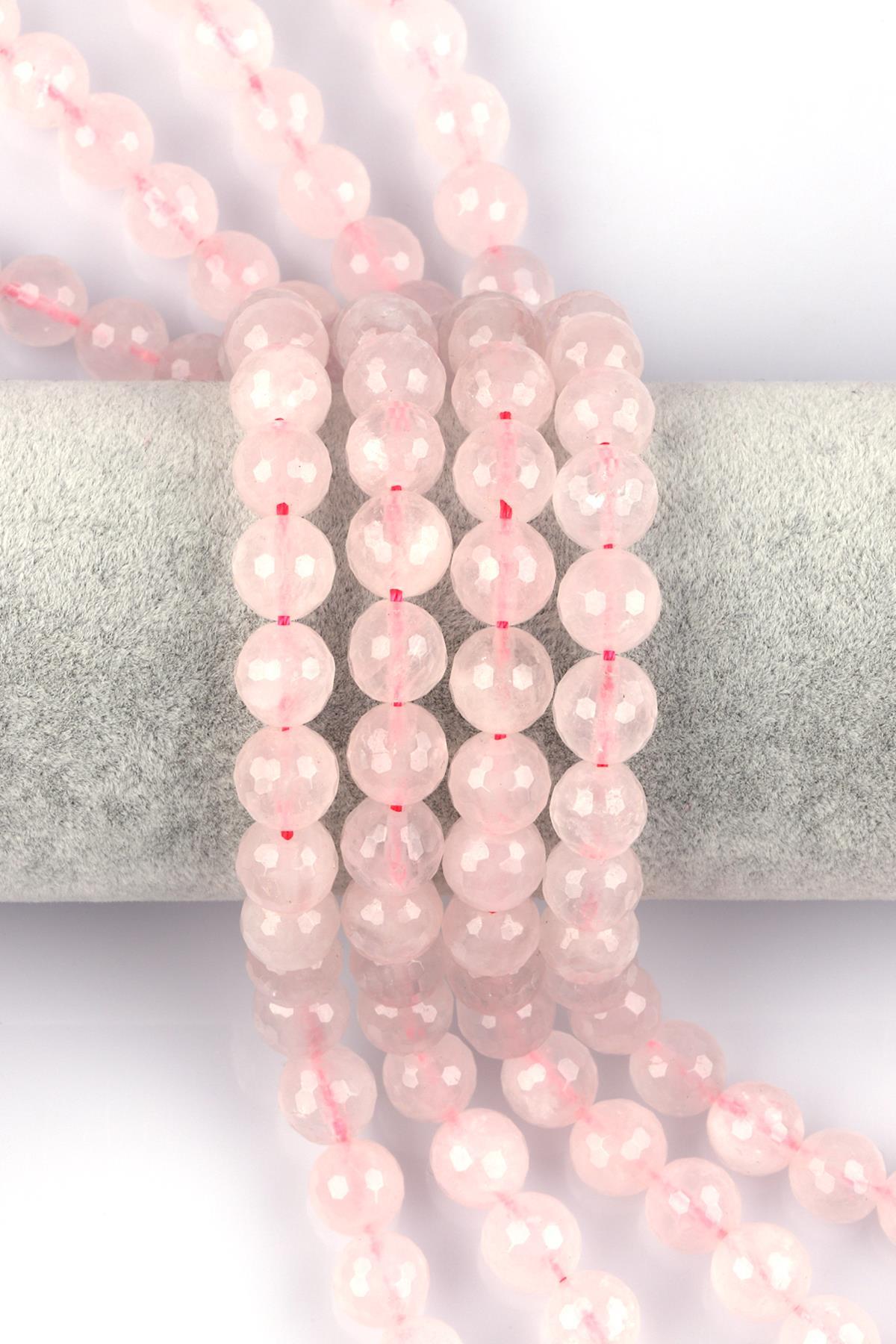 Pembe Kuvars Doğal Taş Dizi 10 mm Fasetli Küre Kesim