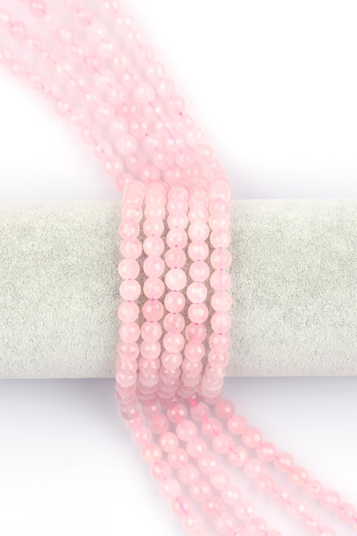 Pembe Kuvars Doğal Taş Dizi 6 mm Fasetli Küre Kesim