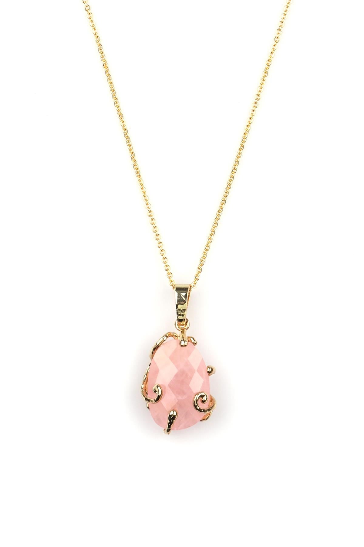 Pembe Kuvars Doğal Taş Gold Renkli Kolye