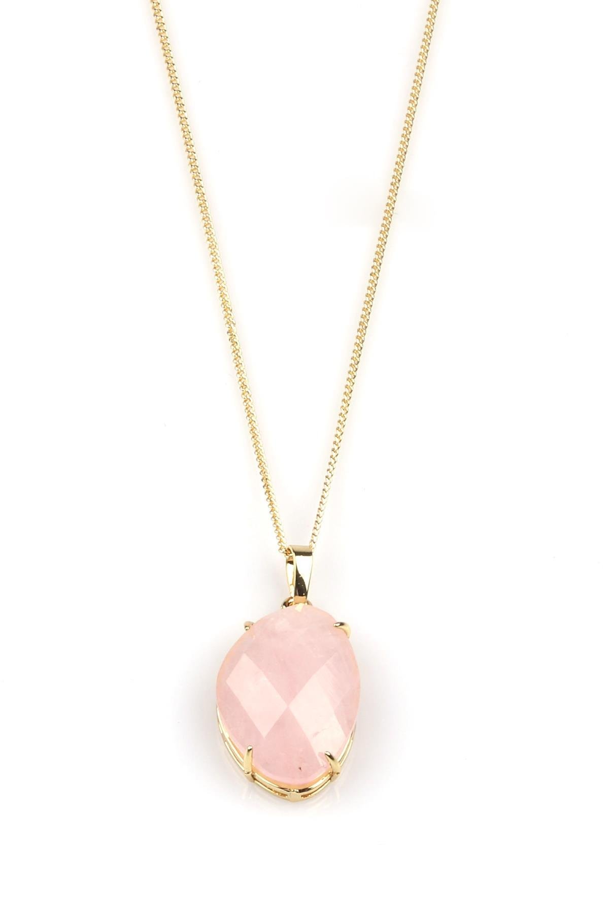 Pembe Kuvars Doğal Taş Gold Renkli Kolye
