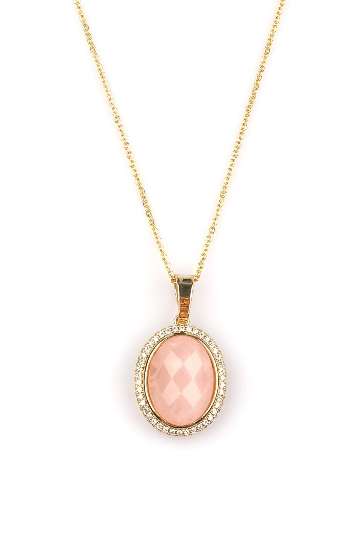 Pembe Kuvars Doğal Taş Gold Renkli Kolye