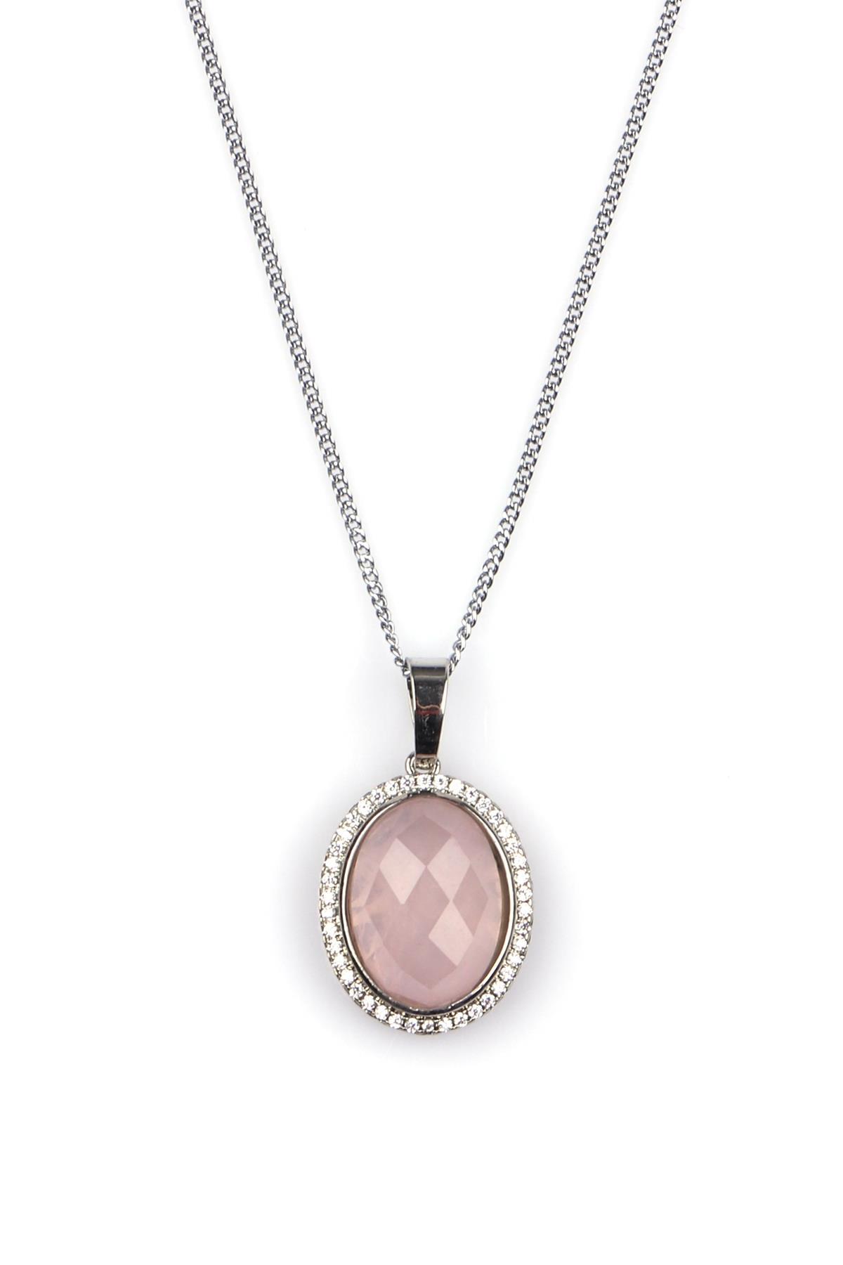 Pembe Kuvars Doğal Taş Gümüş Renkli Kolye