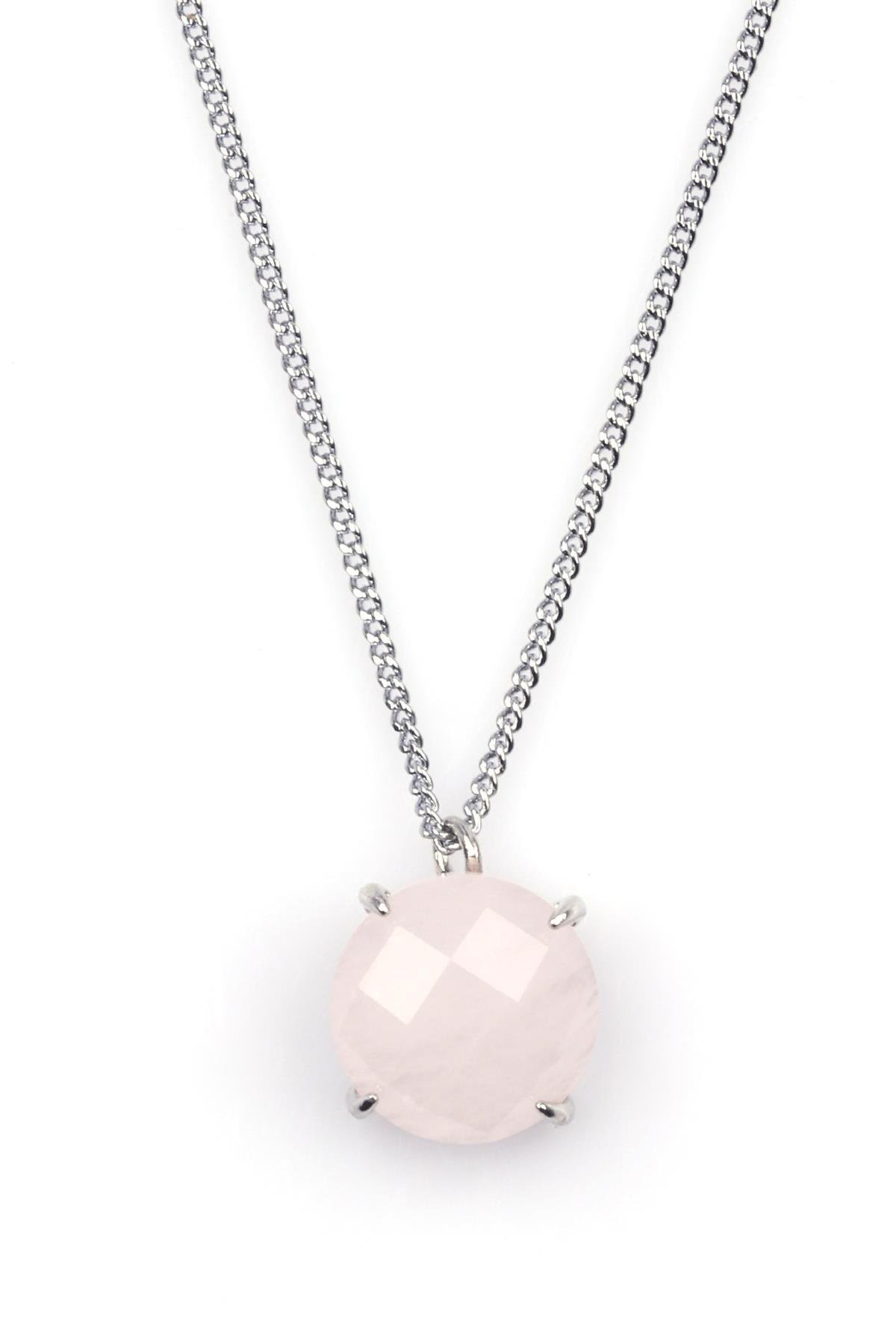 Pembe Kuvars Doğal Taş Gümüş Renkli Kolye